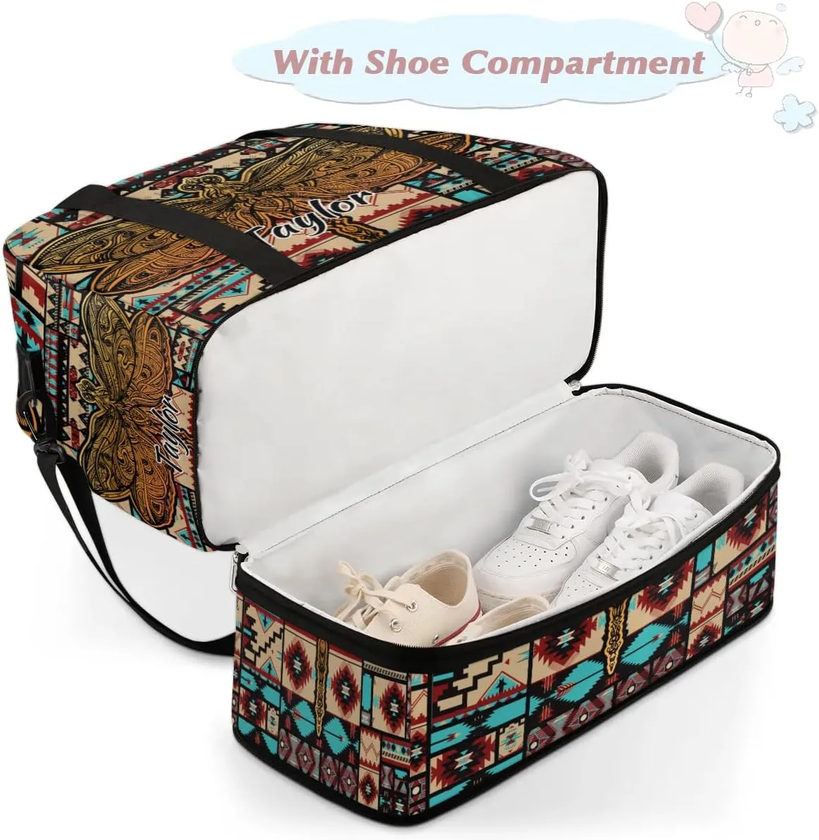 Customized Gym Bag for Women, Personalized Aztec Travel Duffel Bag with Name, Dragonfly Weekender Overnight Bag with Shoes Compartment for Men Travel Yoga