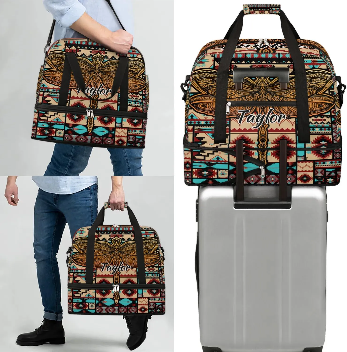 Customized Gym Bag for Women, Personalized Aztec Travel Duffel Bag with Name, Dragonfly Weekender Overnight Bag with Shoes Compartment for Men Travel Yoga