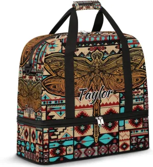 Customized Gym Bag for Women, Personalized Aztec Travel Duffel Bag with Name, Dragonfly Weekender Overnight Bag with Shoes Compartment for Men Travel Yoga