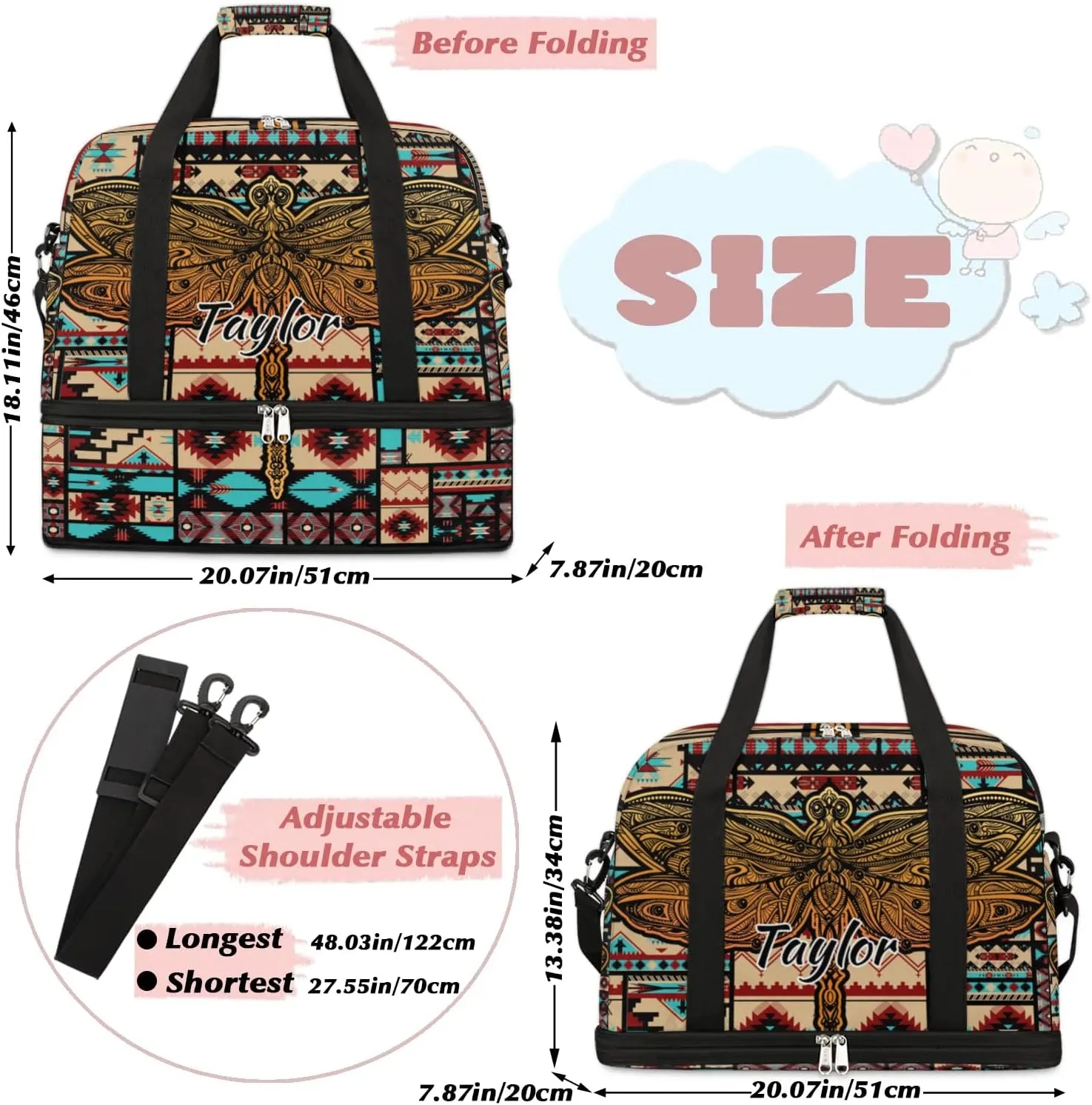 Customized Gym Bag for Women, Personalized Aztec Travel Duffel Bag with Name, Dragonfly Weekender Overnight Bag with Shoes Compartment for Men Travel Yoga