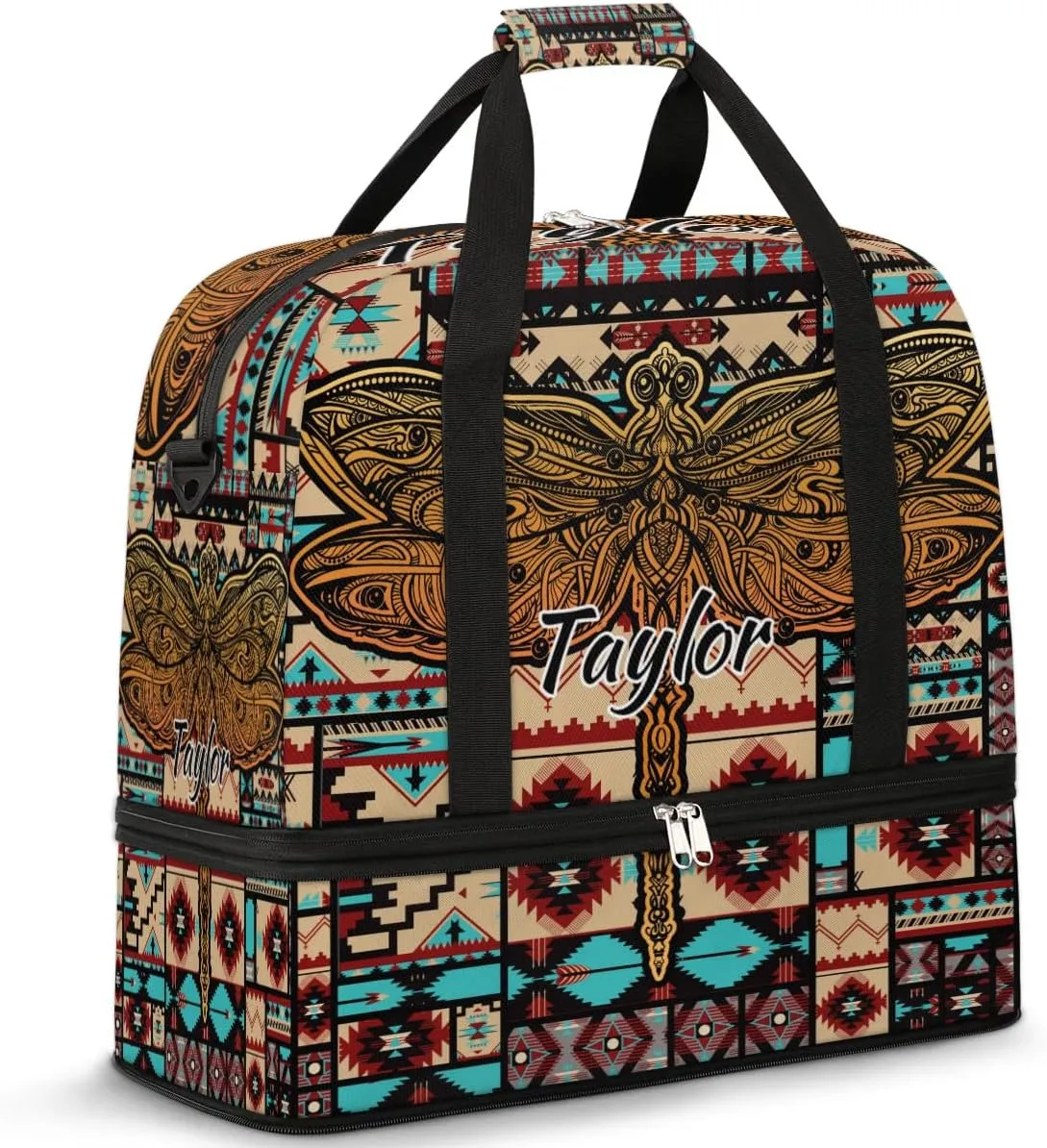 Customized Gym Bag for Women, Personalized Aztec Travel Duffel Bag with Name, Dragonfly Weekender Overnight Bag with Shoes Compartment for Men Travel Yoga