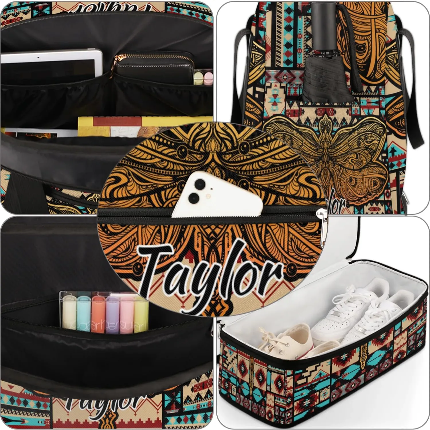 Customized Gym Bag for Women, Personalized Aztec Travel Duffel Bag with Name, Dragonfly Weekender Overnight Bag with Shoes Compartment for Men Travel Yoga
