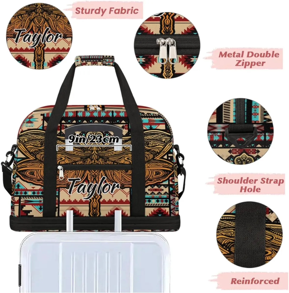 Customized Gym Bag for Women, Personalized Aztec Travel Duffel Bag with Name, Dragonfly Weekender Overnight Bag with Shoes Compartment for Men Travel Yoga