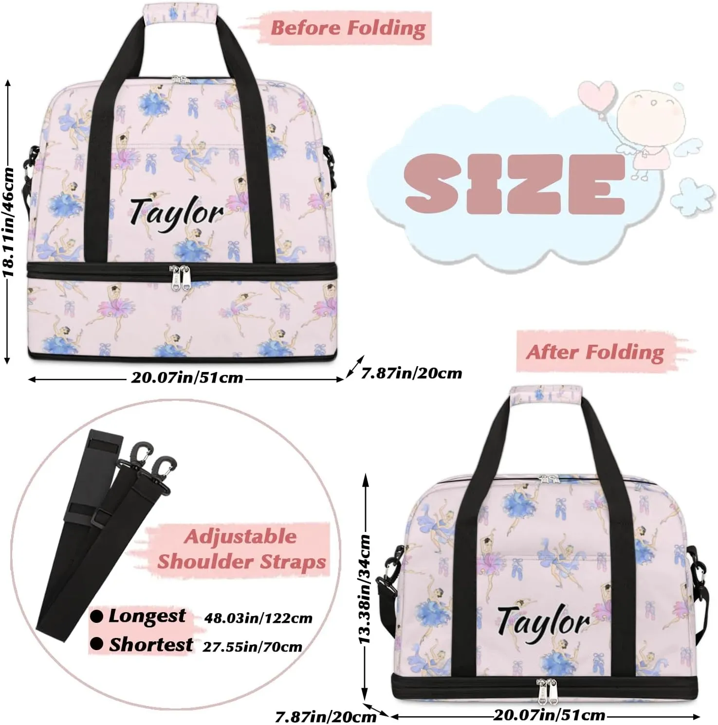 Customized Gym Bag for Women, Personalized Cute Ballet Travel Duffel Bag with Name, Ballerina Weekender Overnight Bag with Shoes Compartment for Men Travel Yoga