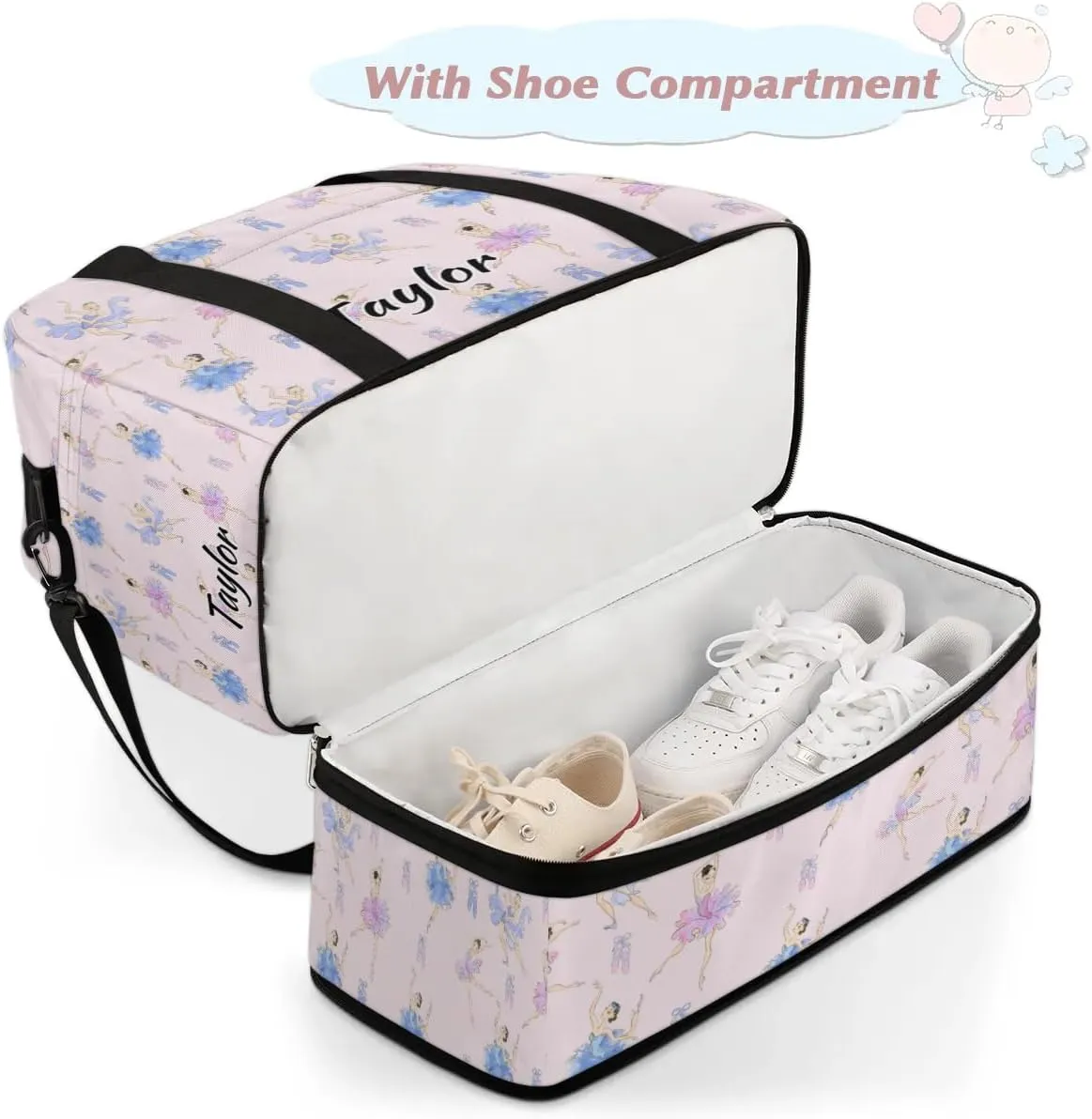 Customized Gym Bag for Women, Personalized Cute Ballet Travel Duffel Bag with Name, Ballerina Weekender Overnight Bag with Shoes Compartment for Men Travel Yoga