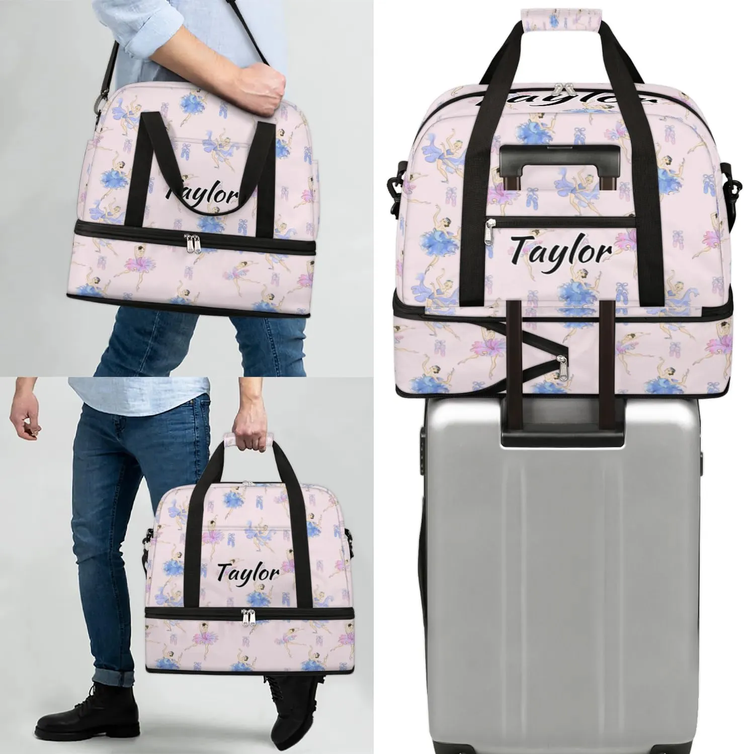 Customized Gym Bag for Women, Personalized Cute Ballet Travel Duffel Bag with Name, Ballerina Weekender Overnight Bag with Shoes Compartment for Men Travel Yoga