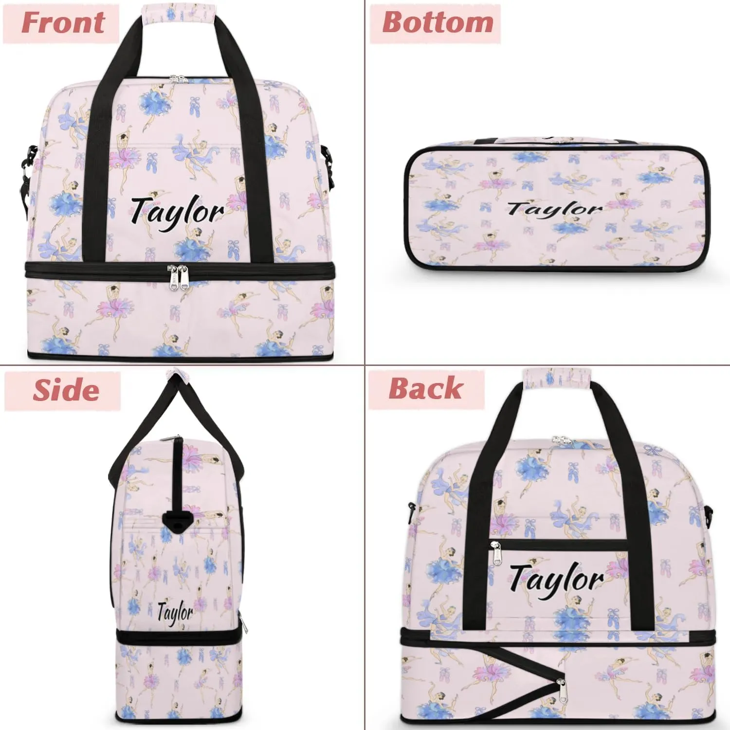 Customized Gym Bag for Women, Personalized Cute Ballet Travel Duffel Bag with Name, Ballerina Weekender Overnight Bag with Shoes Compartment for Men Travel Yoga