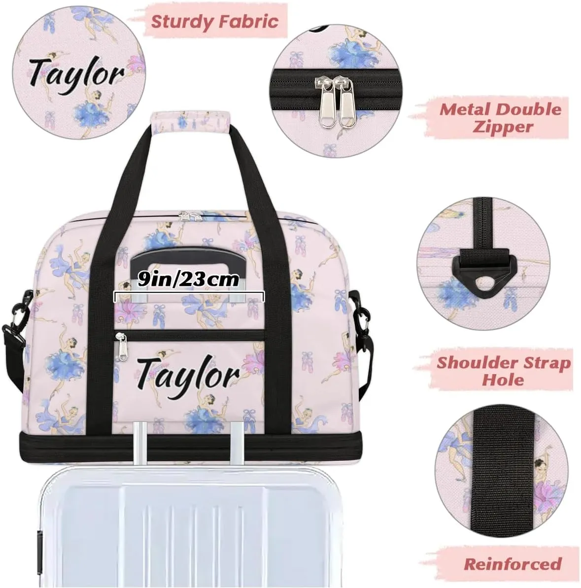 Customized Gym Bag for Women, Personalized Cute Ballet Travel Duffel Bag with Name, Ballerina Weekender Overnight Bag with Shoes Compartment for Men Travel Yoga