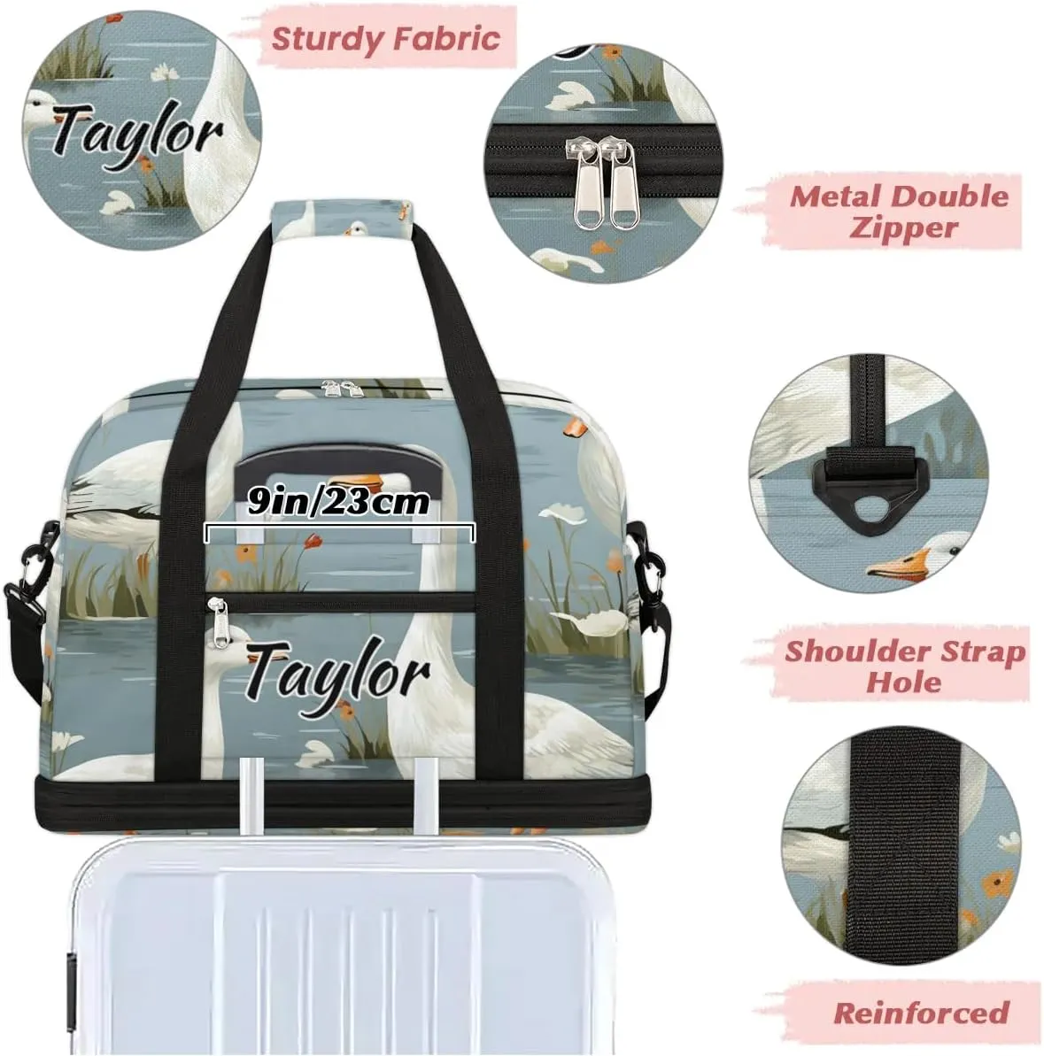 Customized Gym Bag for Women, Personalized Cute Mallard Ducks Travel Duffel Bag with Name, Wild Ducks Weekender Overnight Bag with Shoes Compartment for Men Travel Yoga