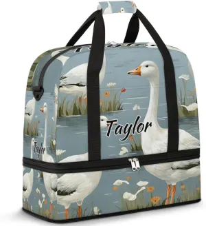 Customized Gym Bag for Women, Personalized Cute Mallard Ducks Travel Duffel Bag with Name, Wild Ducks Weekender Overnight Bag with Shoes Compartment for Men Travel Yoga