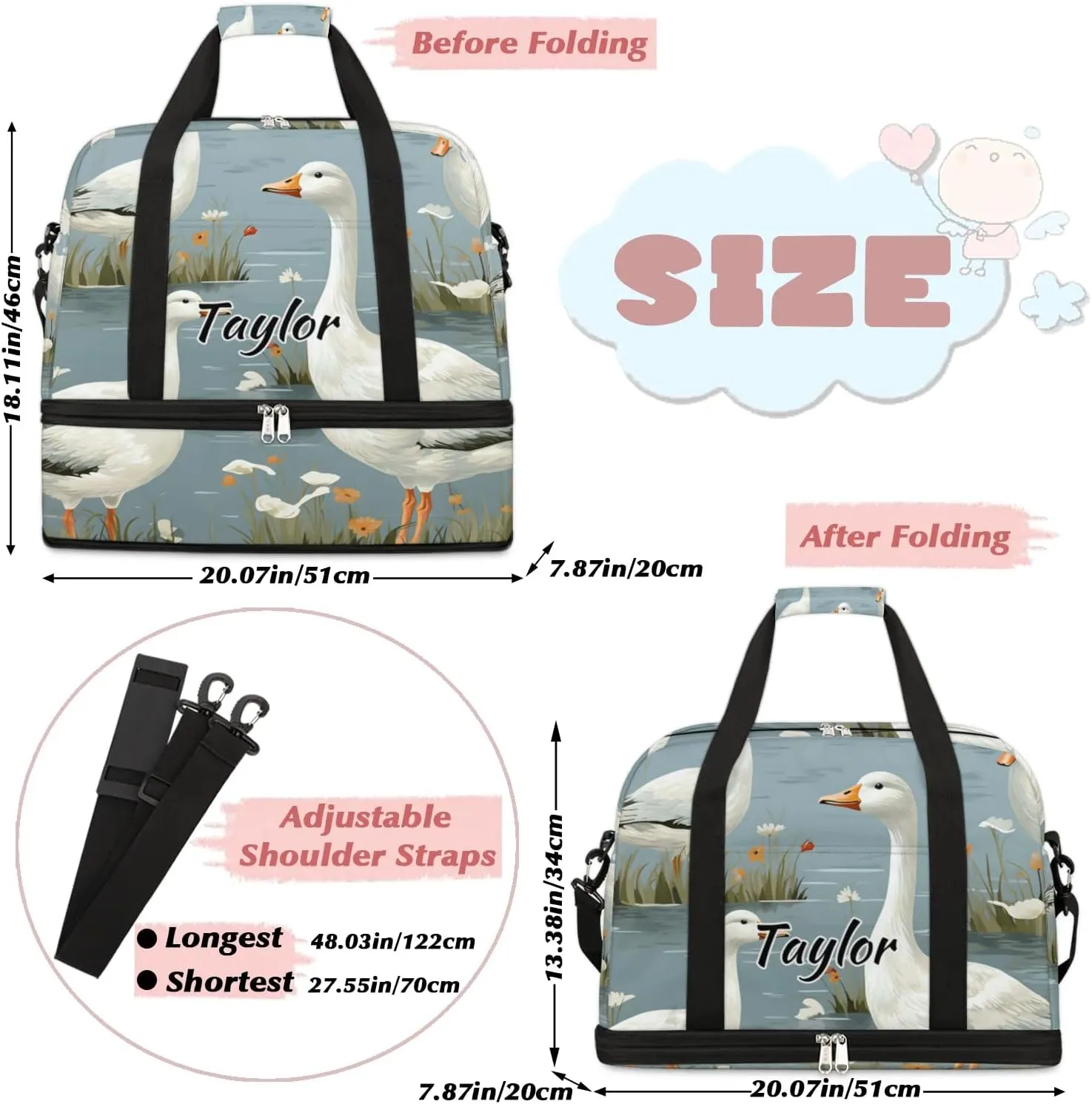 Customized Gym Bag for Women, Personalized Cute Mallard Ducks Travel Duffel Bag with Name, Wild Ducks Weekender Overnight Bag with Shoes Compartment for Men Travel Yoga