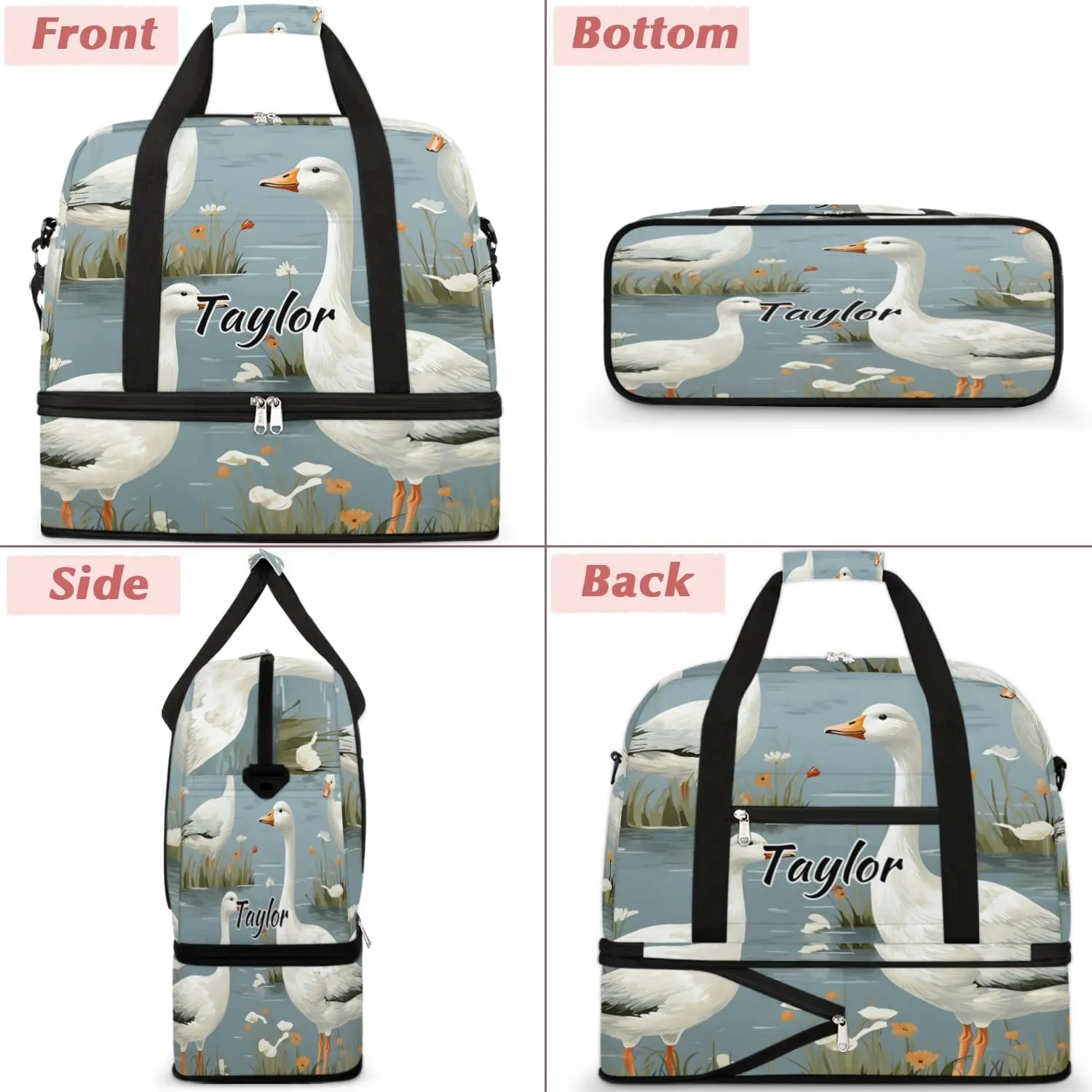 Customized Gym Bag for Women, Personalized Cute Mallard Ducks Travel Duffel Bag with Name, Wild Ducks Weekender Overnight Bag with Shoes Compartment for Men Travel Yoga