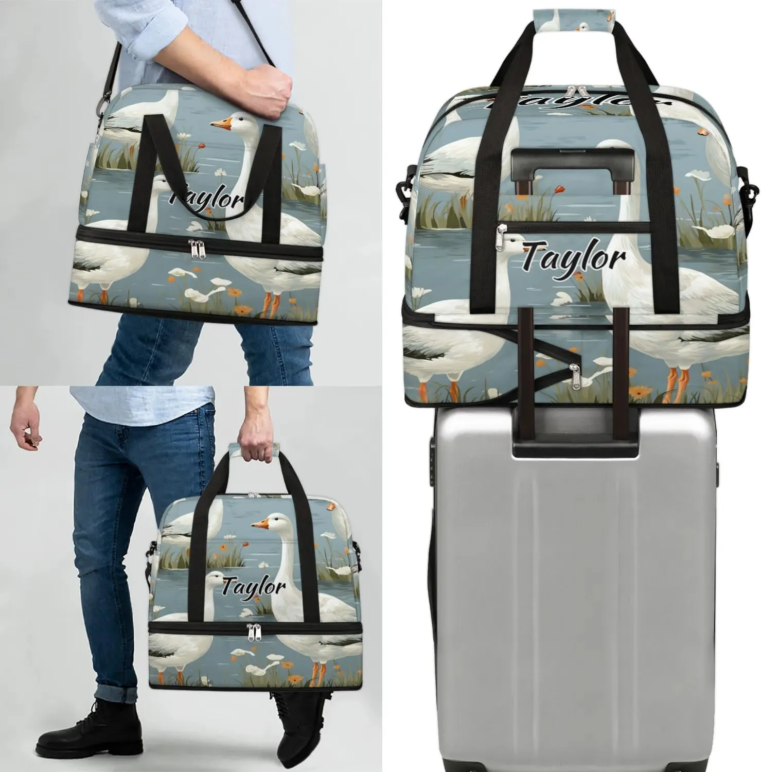 Customized Gym Bag for Women, Personalized Cute Mallard Ducks Travel Duffel Bag with Name, Wild Ducks Weekender Overnight Bag with Shoes Compartment for Men Travel Yoga
