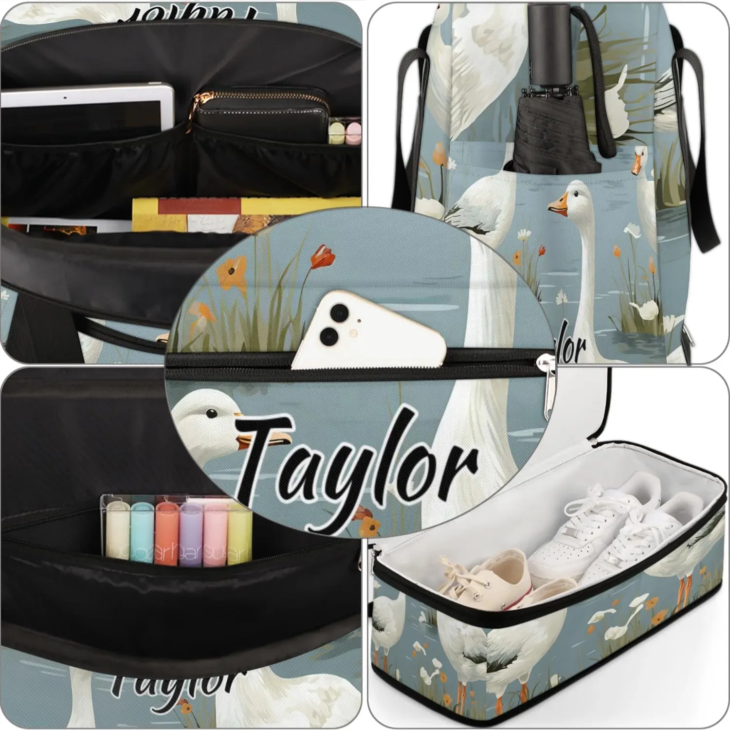 Customized Gym Bag for Women, Personalized Cute Mallard Ducks Travel Duffel Bag with Name, Wild Ducks Weekender Overnight Bag with Shoes Compartment for Men Travel Yoga