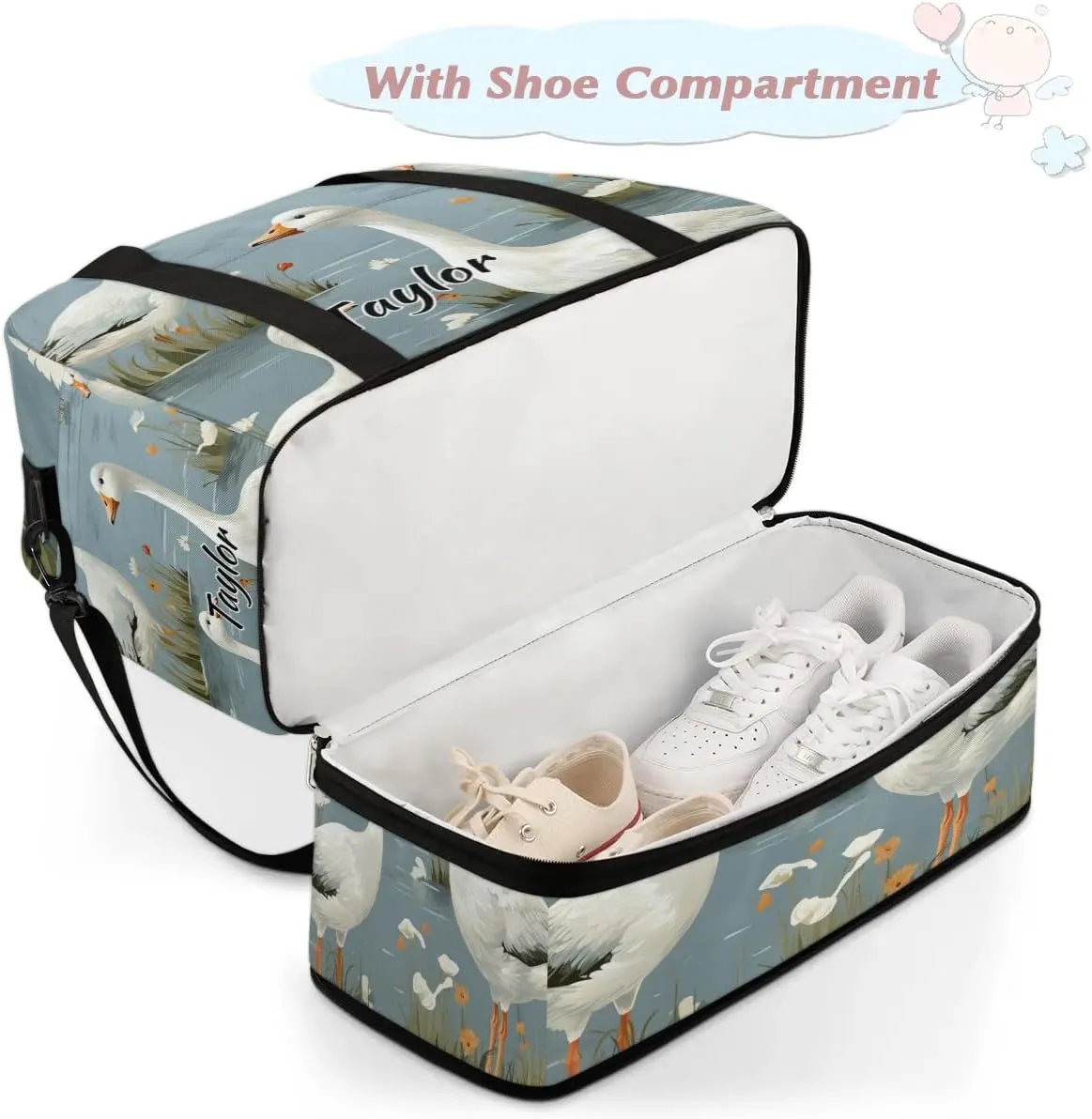 Customized Gym Bag for Women, Personalized Cute Mallard Ducks Travel Duffel Bag with Name, Wild Ducks Weekender Overnight Bag with Shoes Compartment for Men Travel Yoga