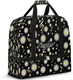 Customized Gym Bag for Women, Personalized Daisy Travel Duffel Bag with Name, Musical Notes Weekender Overnight Bag with Shoes Compartment for Men Travel Yoga