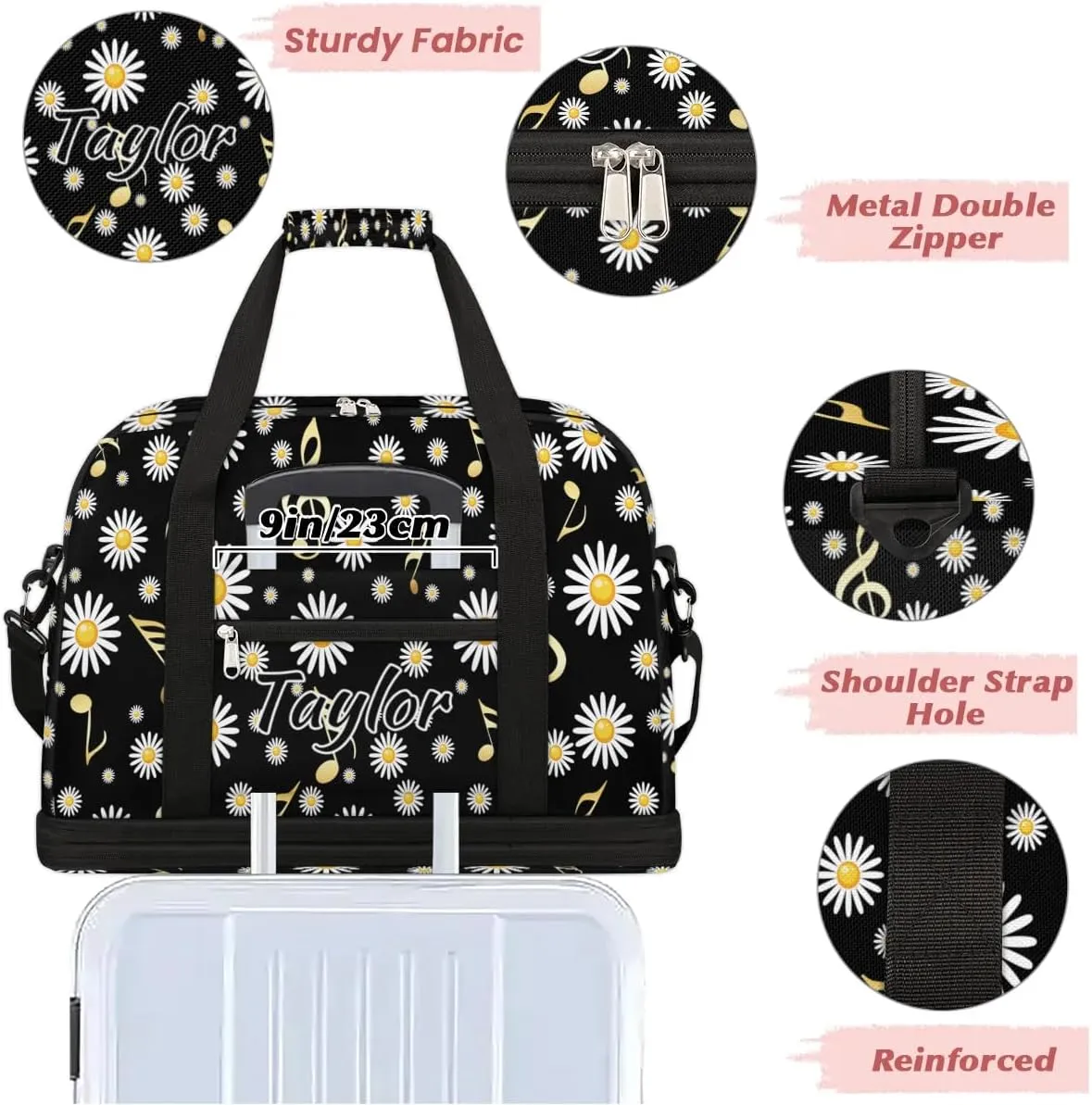 Customized Gym Bag for Women, Personalized Daisy Travel Duffel Bag with Name, Musical Notes Weekender Overnight Bag with Shoes Compartment for Men Travel Yoga