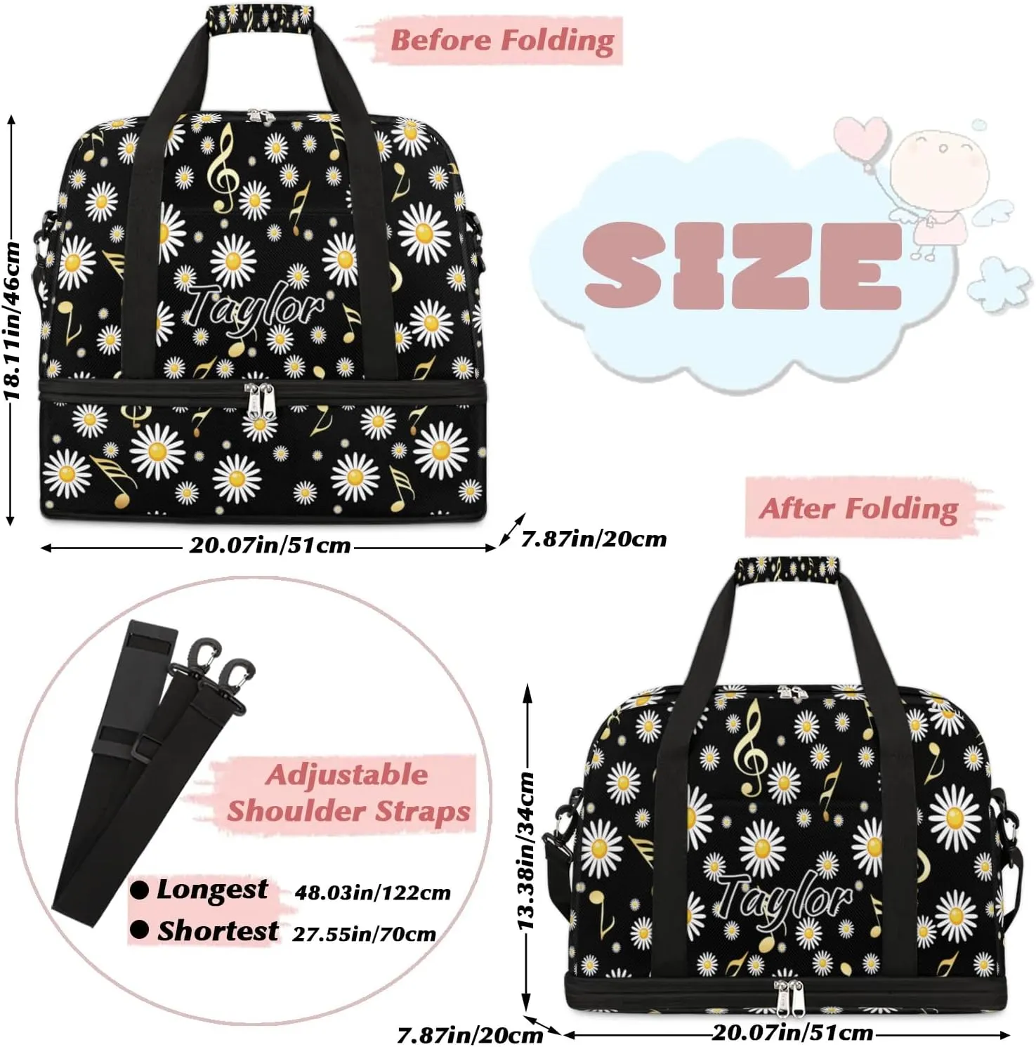 Customized Gym Bag for Women, Personalized Daisy Travel Duffel Bag with Name, Musical Notes Weekender Overnight Bag with Shoes Compartment for Men Travel Yoga