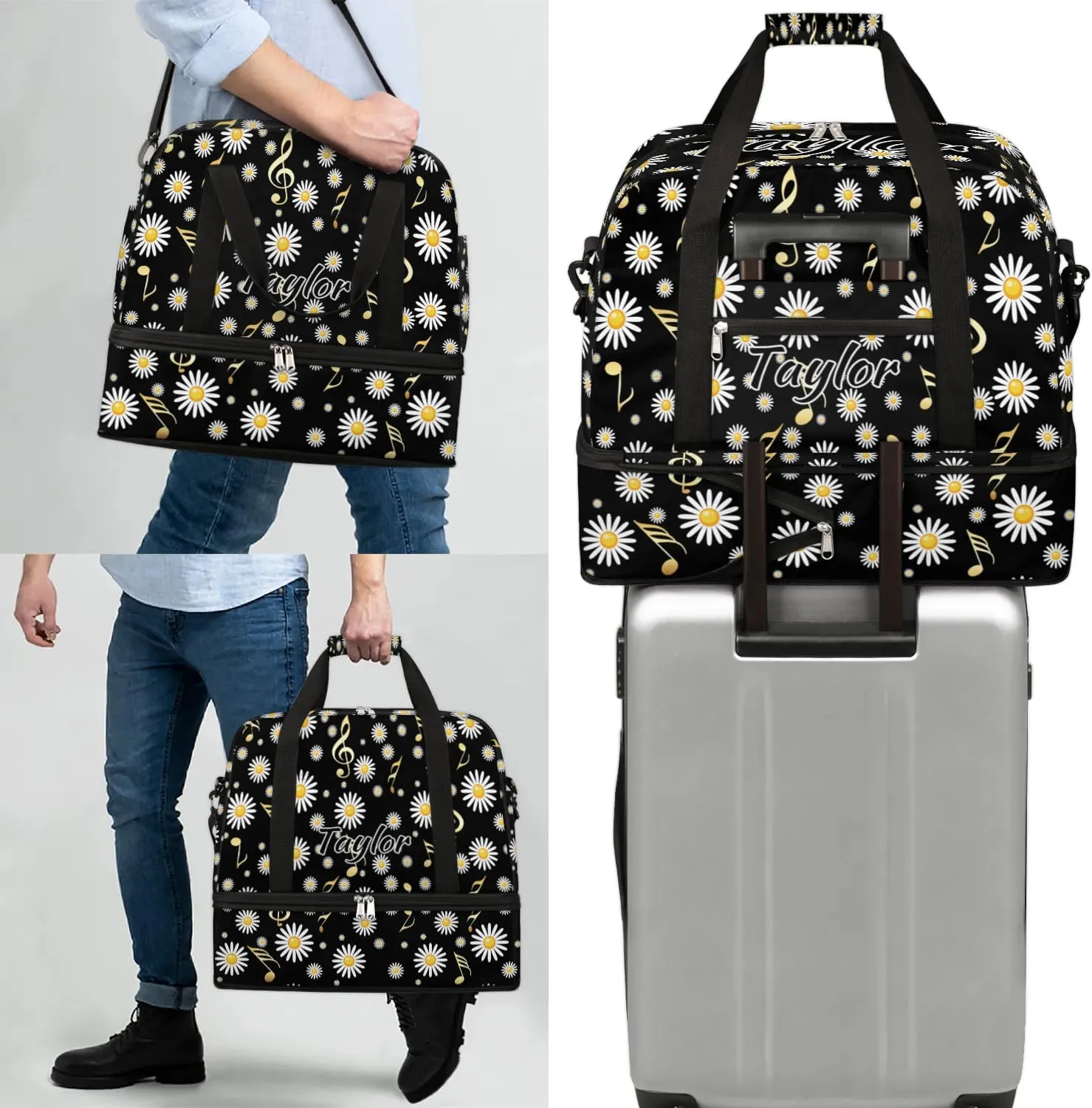 Customized Gym Bag for Women, Personalized Daisy Travel Duffel Bag with Name, Musical Notes Weekender Overnight Bag with Shoes Compartment for Men Travel Yoga