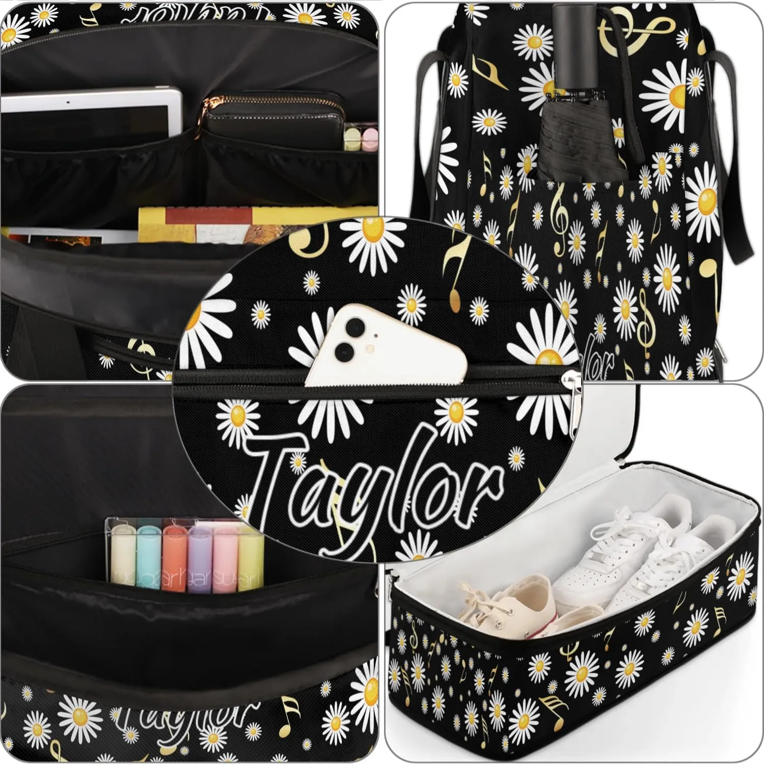 Customized Gym Bag for Women, Personalized Daisy Travel Duffel Bag with Name, Musical Notes Weekender Overnight Bag with Shoes Compartment for Men Travel Yoga