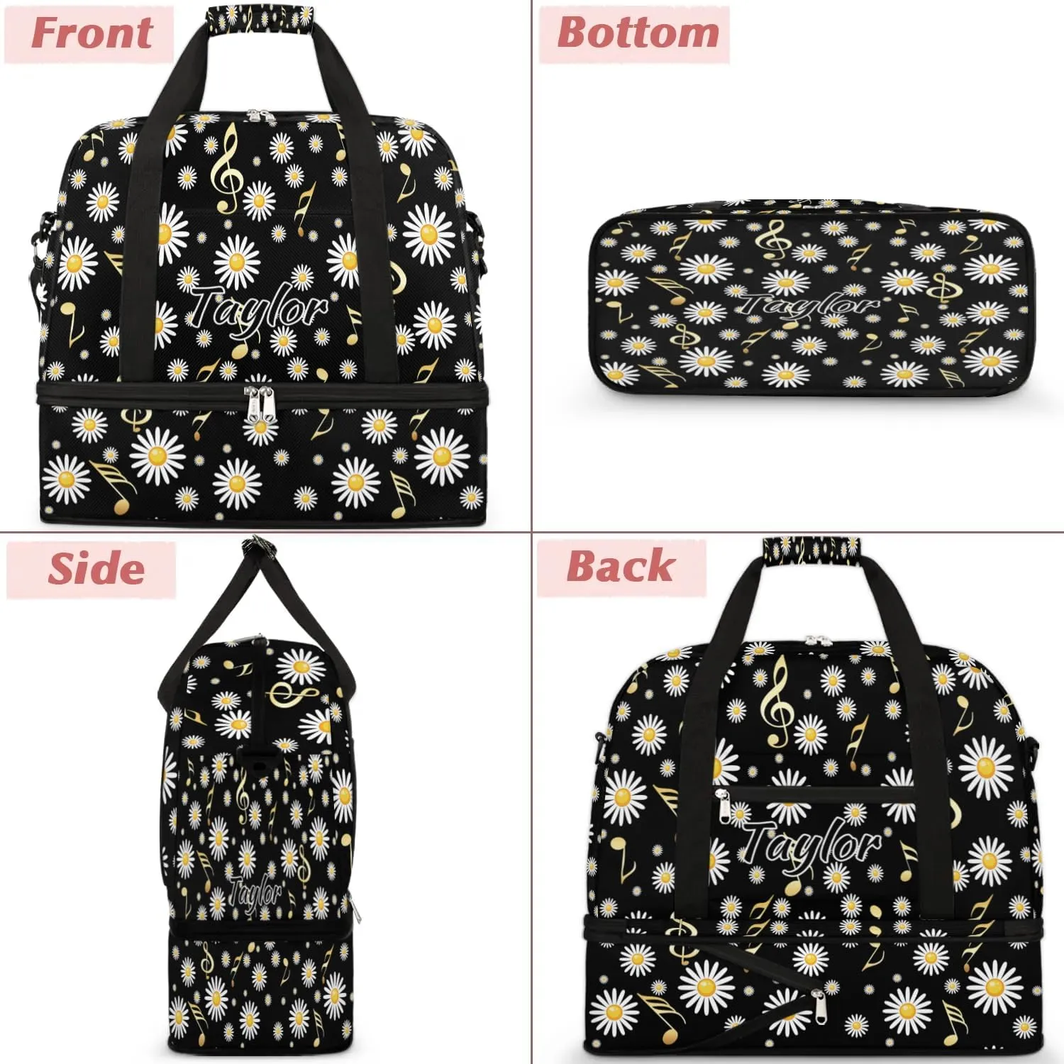 Customized Gym Bag for Women, Personalized Daisy Travel Duffel Bag with Name, Musical Notes Weekender Overnight Bag with Shoes Compartment for Men Travel Yoga