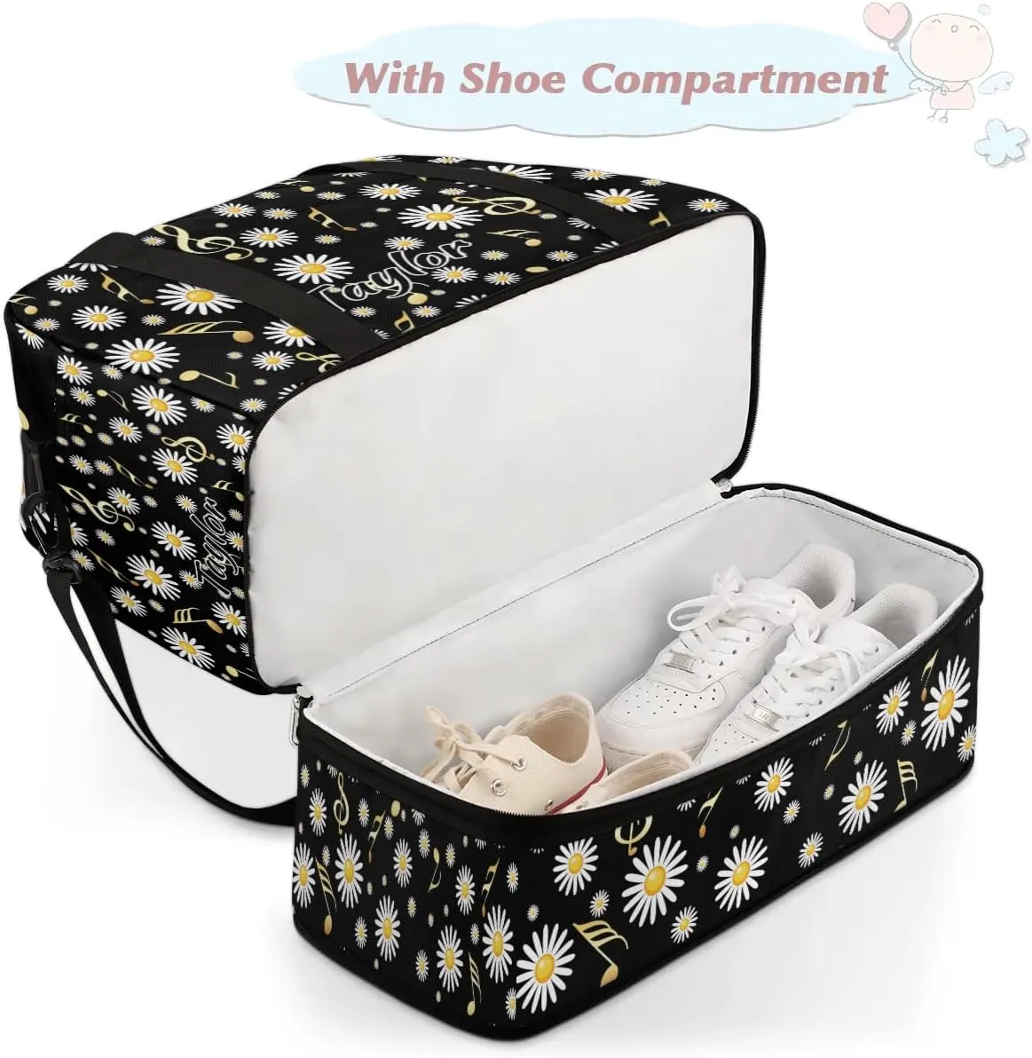 Customized Gym Bag for Women, Personalized Daisy Travel Duffel Bag with Name, Musical Notes Weekender Overnight Bag with Shoes Compartment for Men Travel Yoga
