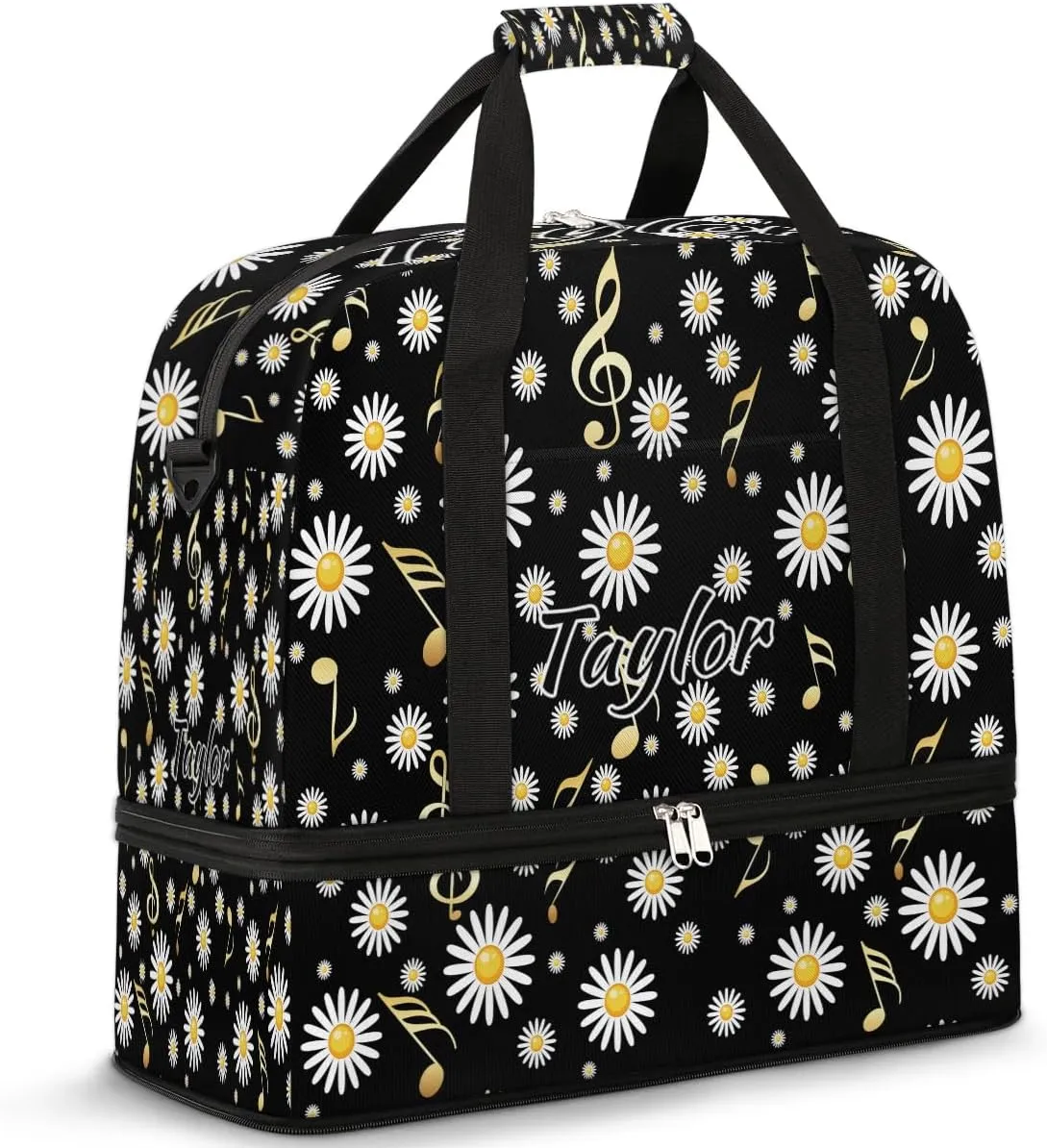 Customized Gym Bag for Women, Personalized Daisy Travel Duffel Bag with Name, Musical Notes Weekender Overnight Bag with Shoes Compartment for Men Travel Yoga