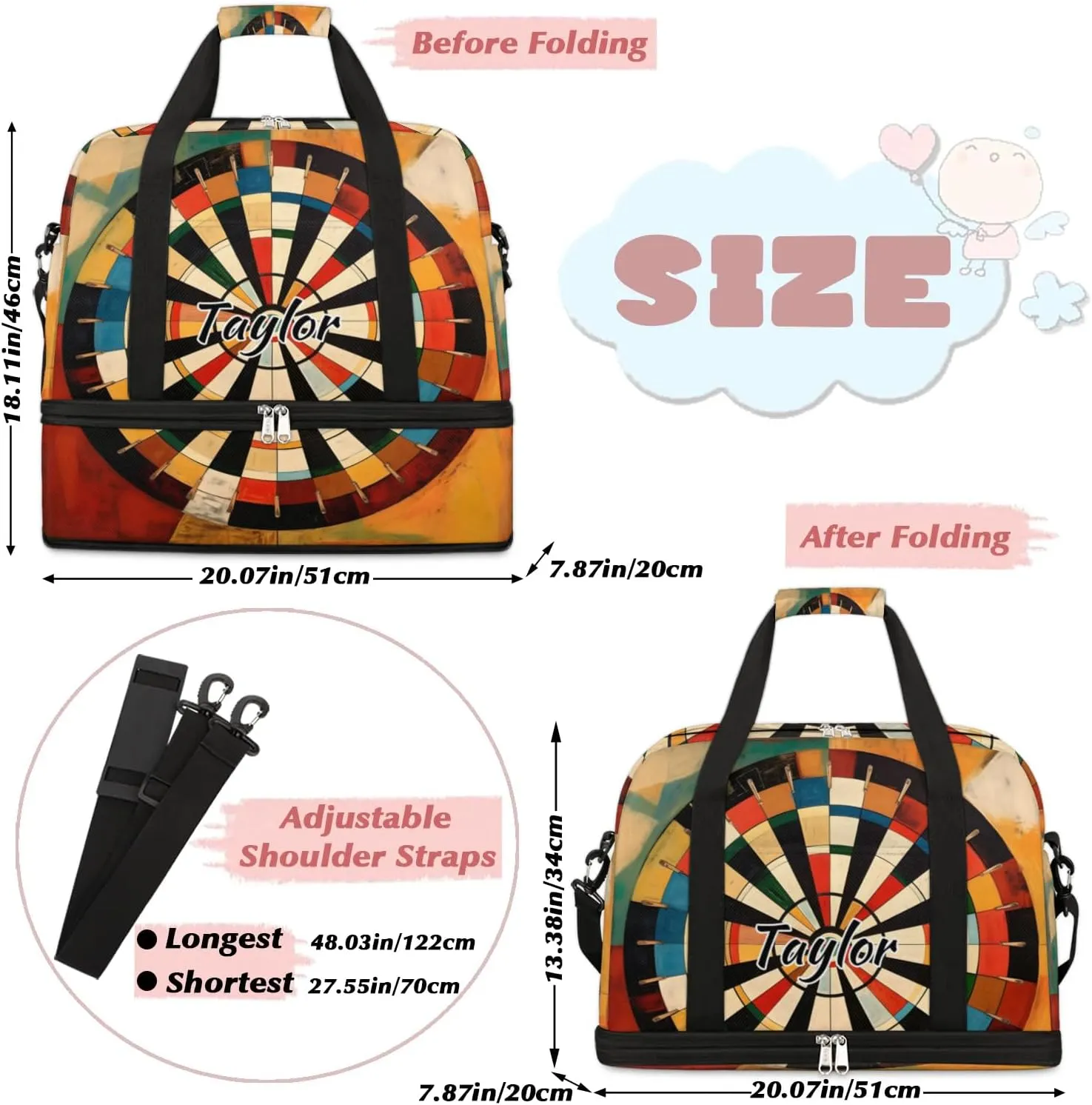 Customized Gym Bag for Women, Personalized Darts Board Travel Duffel Bag with Name, Sports Weekender Overnight Bag with Shoes Compartment for Men Travel Yoga
