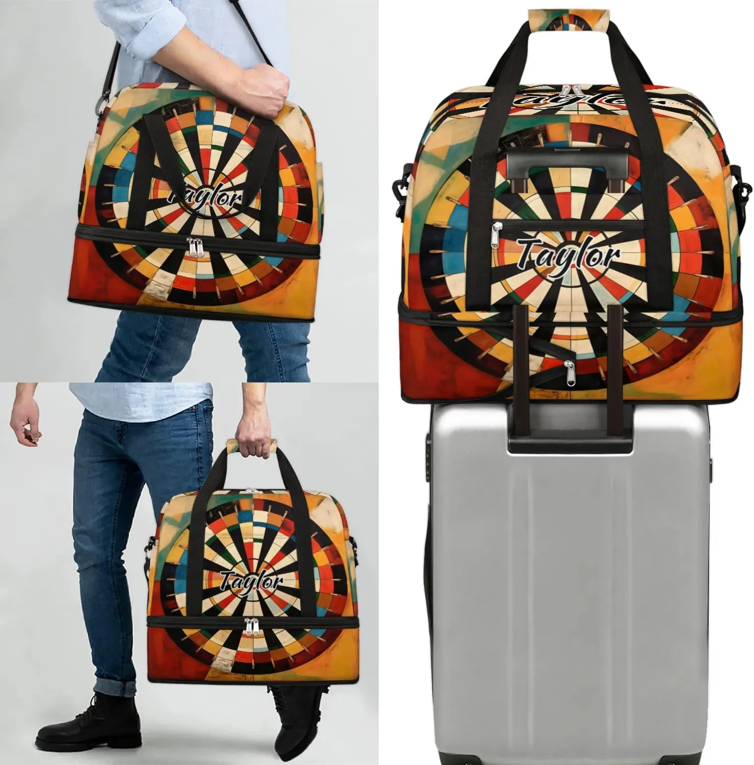Customized Gym Bag for Women, Personalized Darts Board Travel Duffel Bag with Name, Sports Weekender Overnight Bag with Shoes Compartment for Men Travel Yoga