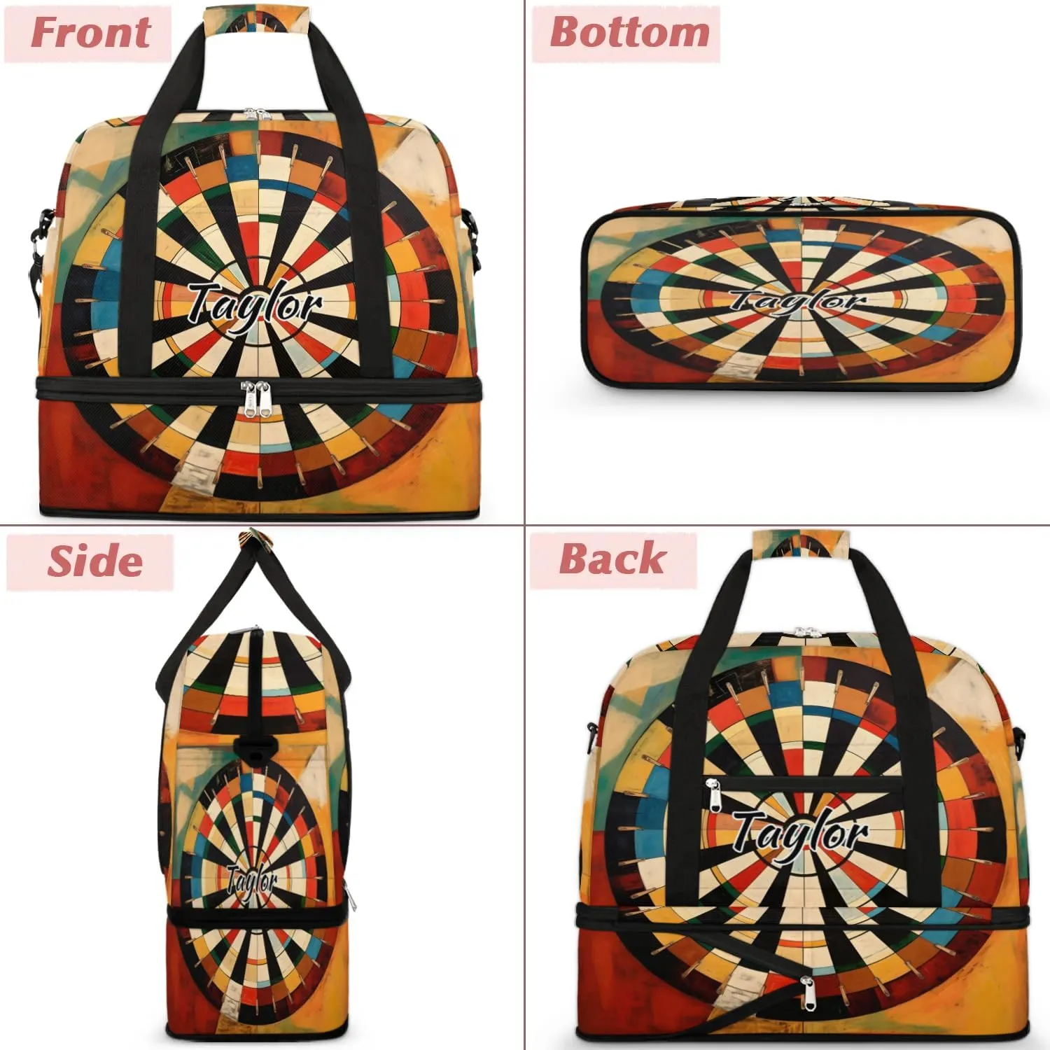 Customized Gym Bag for Women, Personalized Darts Board Travel Duffel Bag with Name, Sports Weekender Overnight Bag with Shoes Compartment for Men Travel Yoga