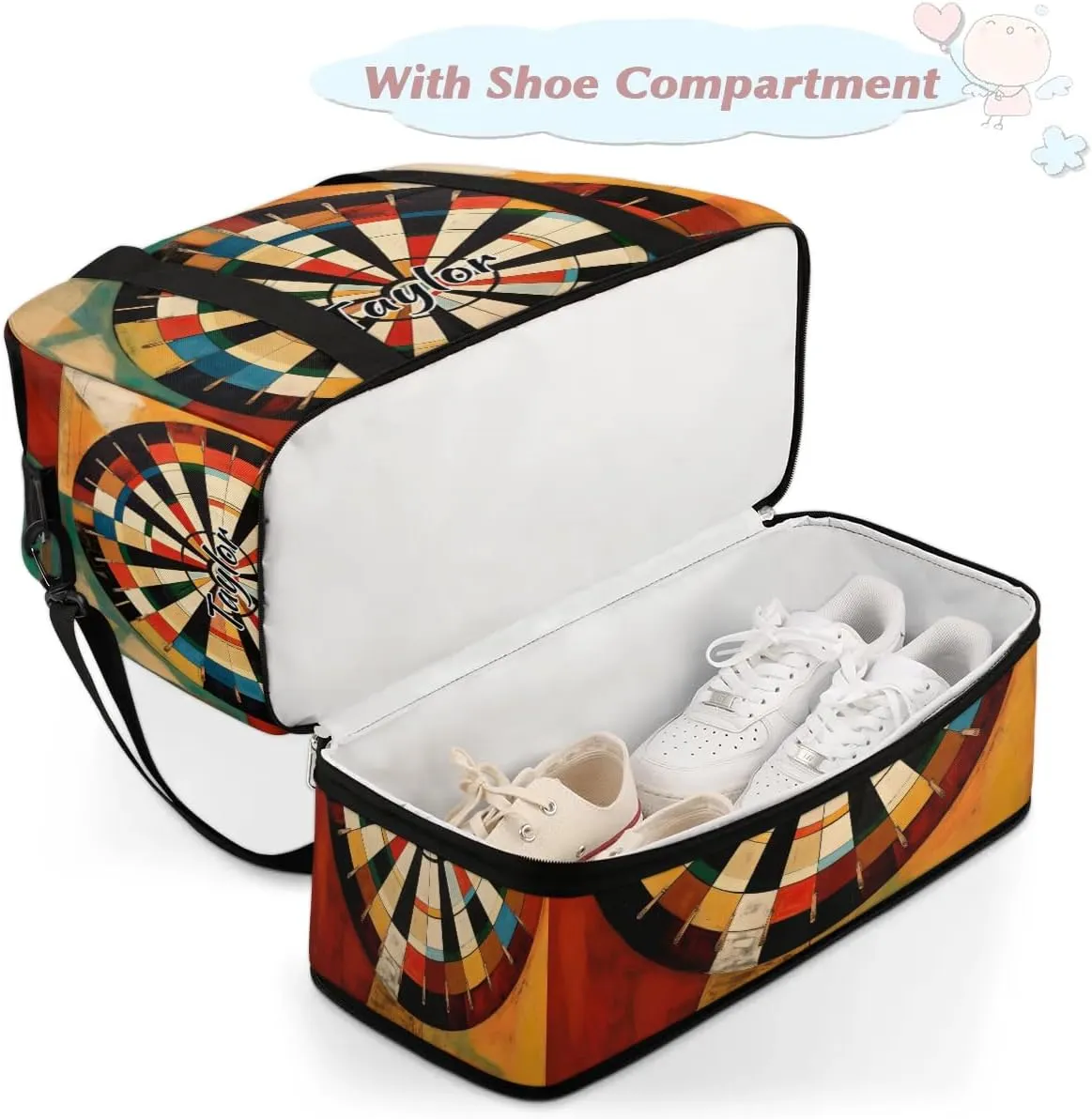 Customized Gym Bag for Women, Personalized Darts Board Travel Duffel Bag with Name, Sports Weekender Overnight Bag with Shoes Compartment for Men Travel Yoga