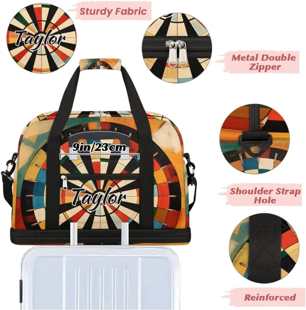 Customized Gym Bag for Women, Personalized Darts Board Travel Duffel Bag with Name, Sports Weekender Overnight Bag with Shoes Compartment for Men Travel Yoga