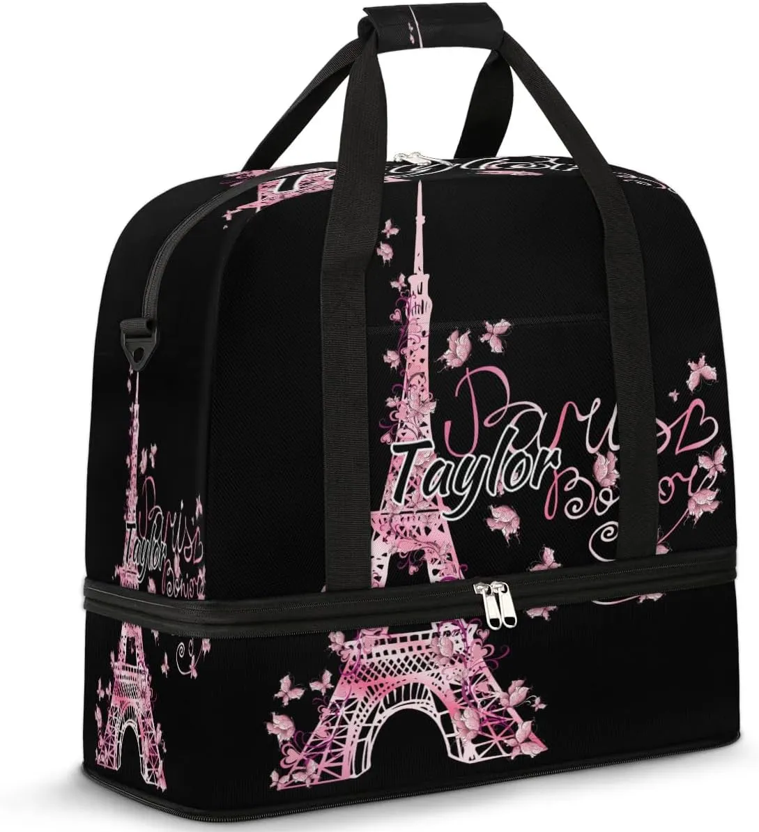 Customized Gym Bag for Women, Personalized Eiffel Tower Travel Duffel Bag with Name, Butterfly Paris Weekender Overnight Bag with Shoes Compartment for Men Travel Yoga