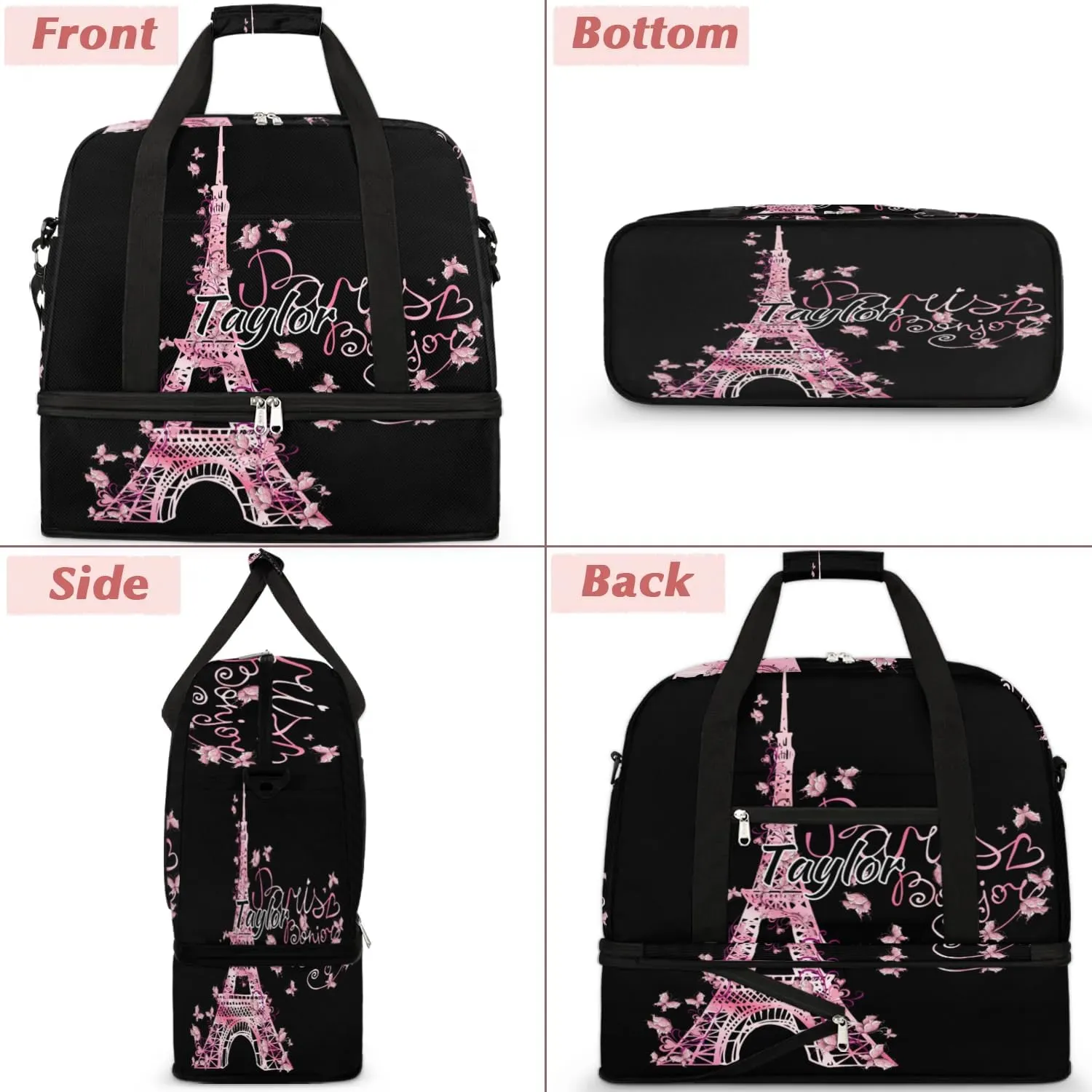 Customized Gym Bag for Women, Personalized Eiffel Tower Travel Duffel Bag with Name, Butterfly Paris Weekender Overnight Bag with Shoes Compartment for Men Travel Yoga