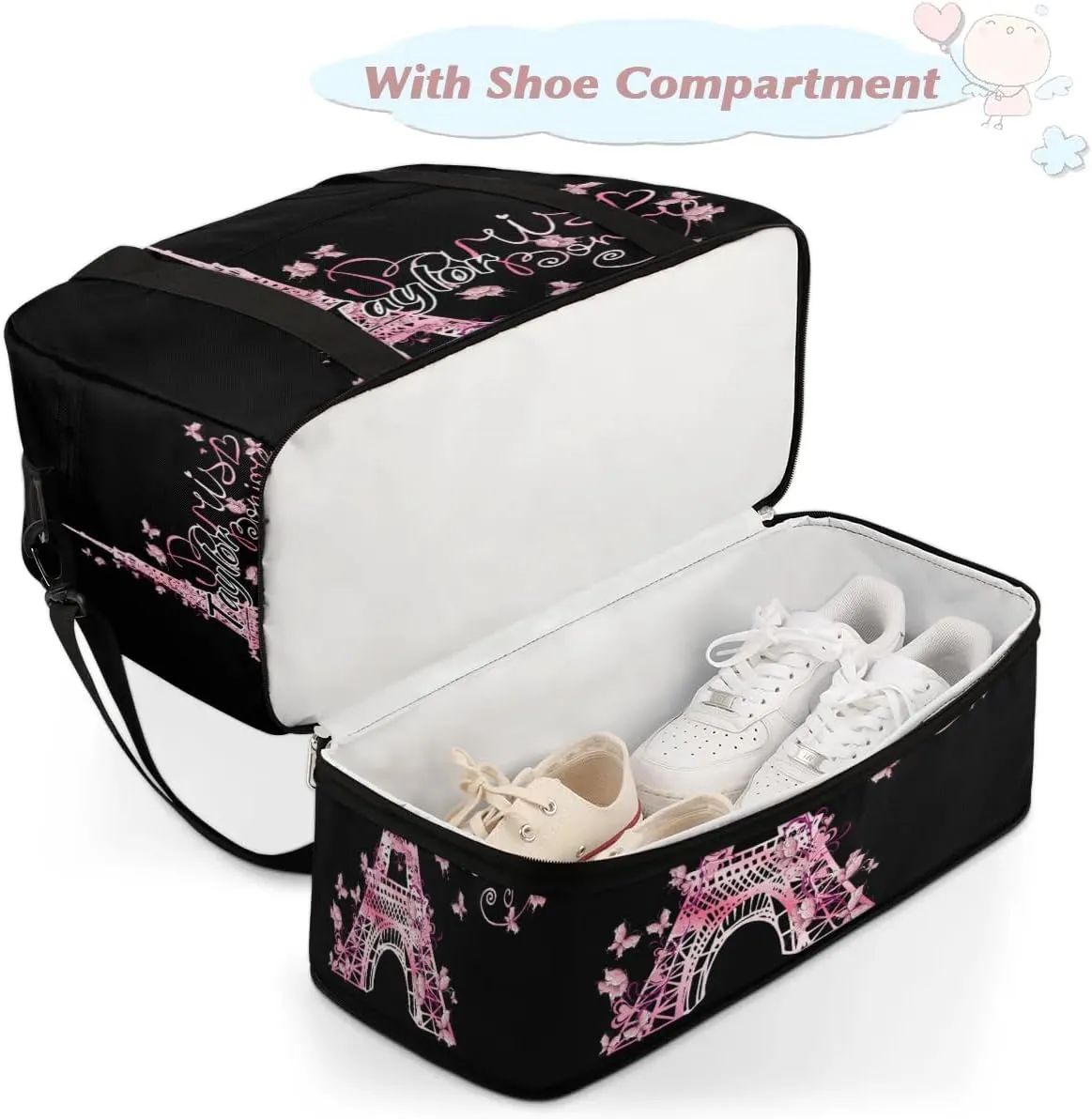 Customized Gym Bag for Women, Personalized Eiffel Tower Travel Duffel Bag with Name, Butterfly Paris Weekender Overnight Bag with Shoes Compartment for Men Travel Yoga