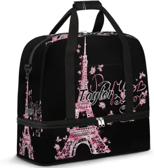 Customized Gym Bag for Women, Personalized Eiffel Tower Travel Duffel Bag with Name, Butterfly Paris Weekender Overnight Bag with Shoes Compartment for Men Travel Yoga