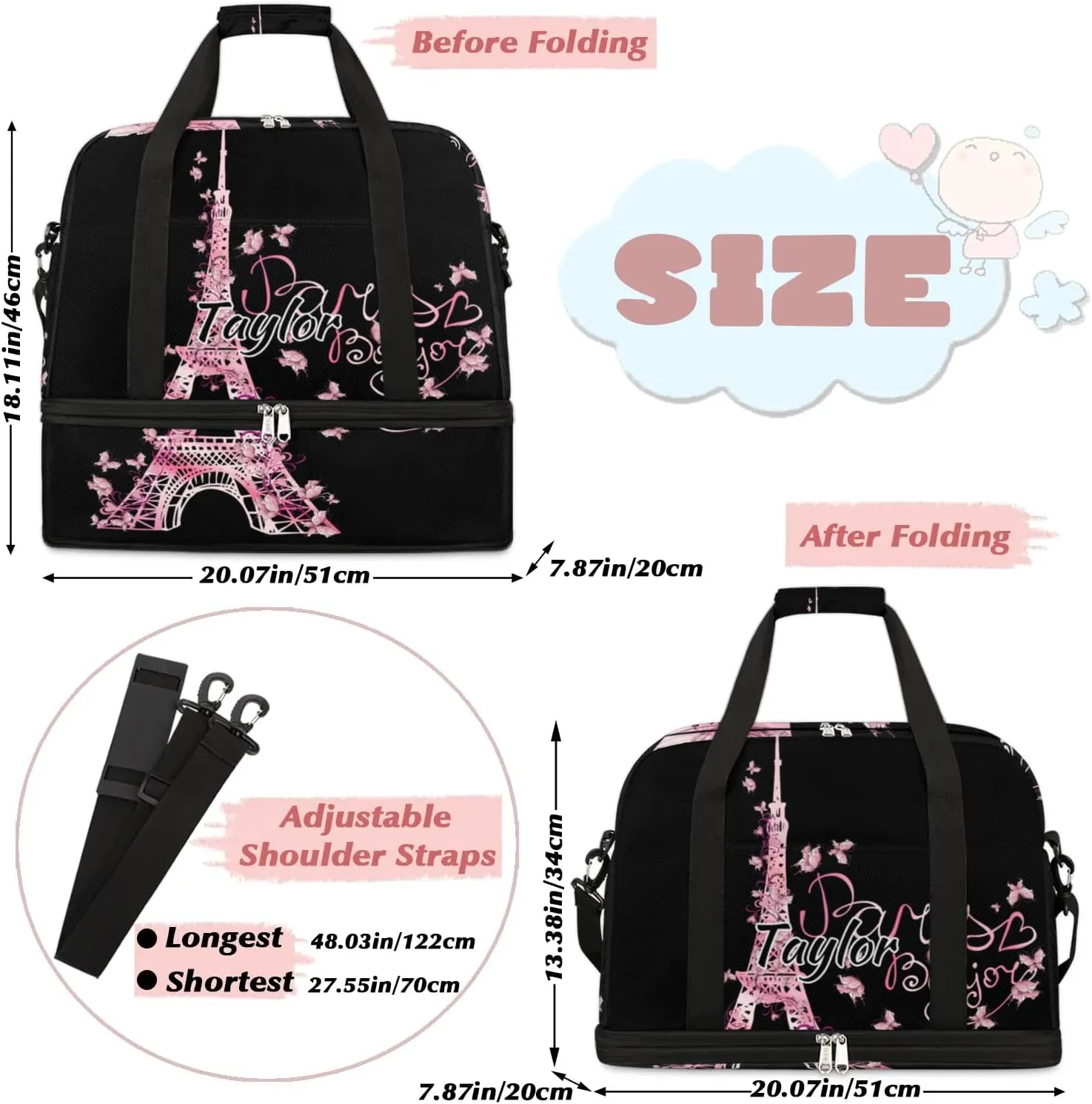 Customized Gym Bag for Women, Personalized Eiffel Tower Travel Duffel Bag with Name, Butterfly Paris Weekender Overnight Bag with Shoes Compartment for Men Travel Yoga