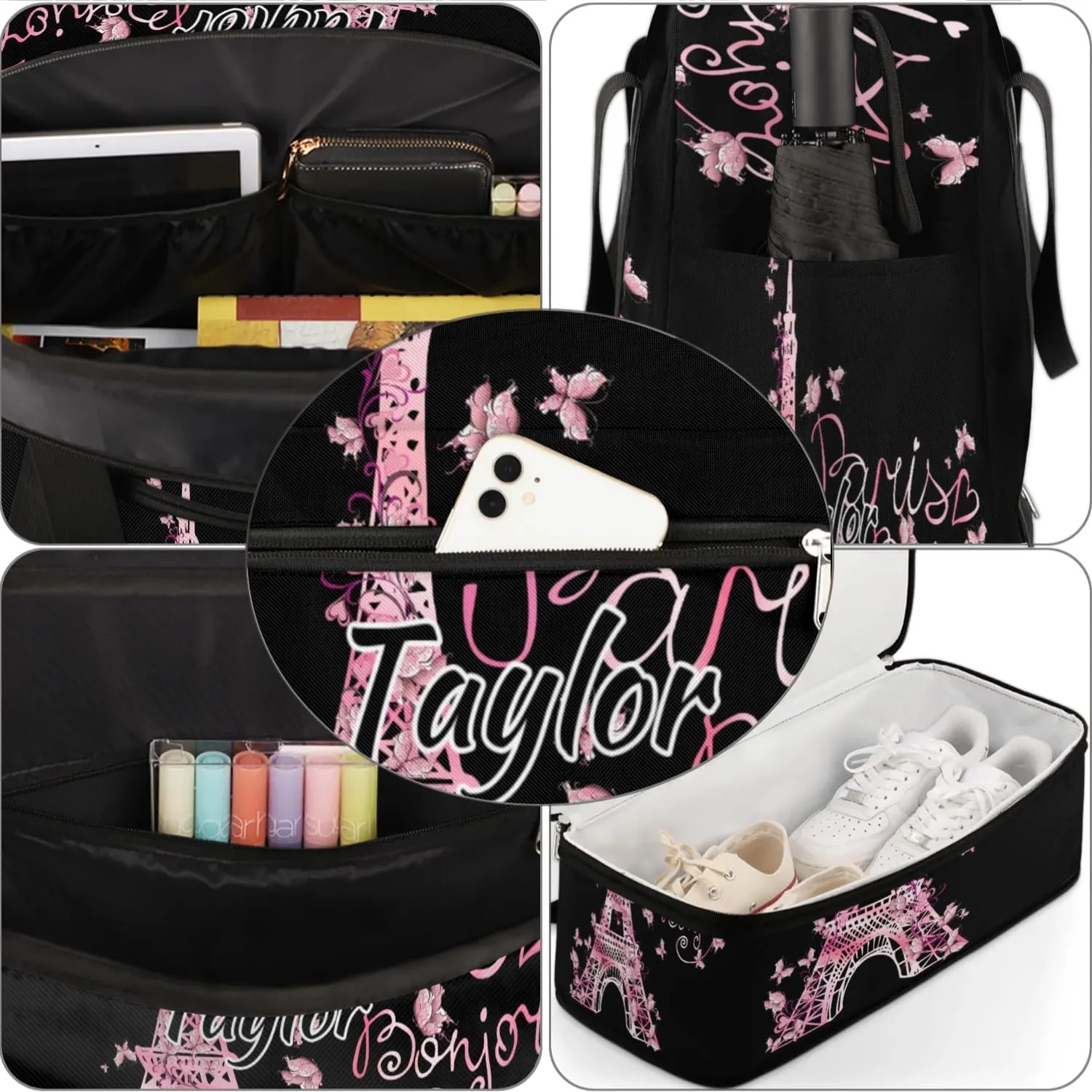 Customized Gym Bag for Women, Personalized Eiffel Tower Travel Duffel Bag with Name, Butterfly Paris Weekender Overnight Bag with Shoes Compartment for Men Travel Yoga