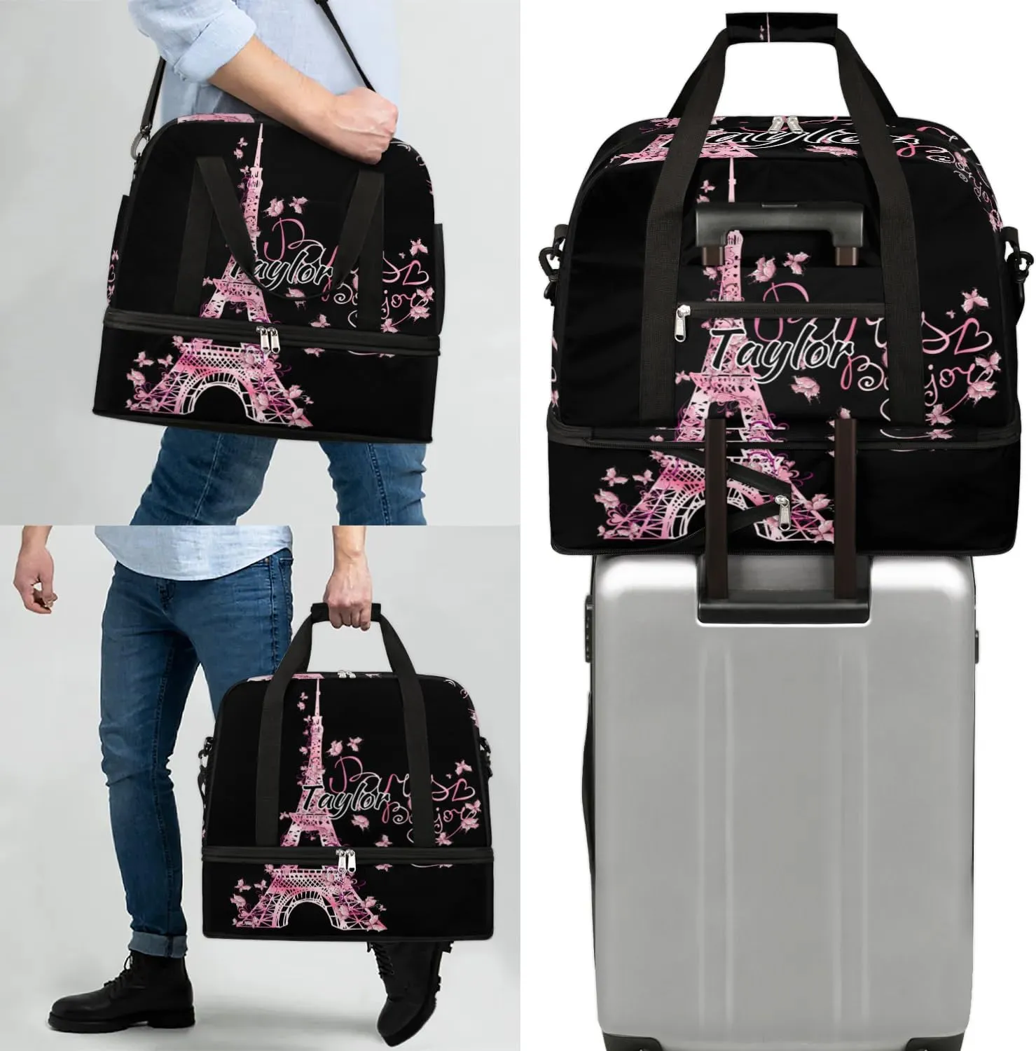 Customized Gym Bag for Women, Personalized Eiffel Tower Travel Duffel Bag with Name, Butterfly Paris Weekender Overnight Bag with Shoes Compartment for Men Travel Yoga