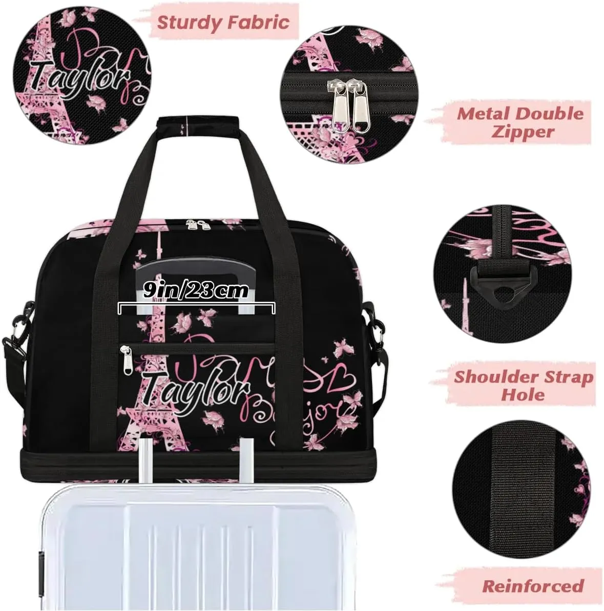 Customized Gym Bag for Women, Personalized Eiffel Tower Travel Duffel Bag with Name, Butterfly Paris Weekender Overnight Bag with Shoes Compartment for Men Travel Yoga