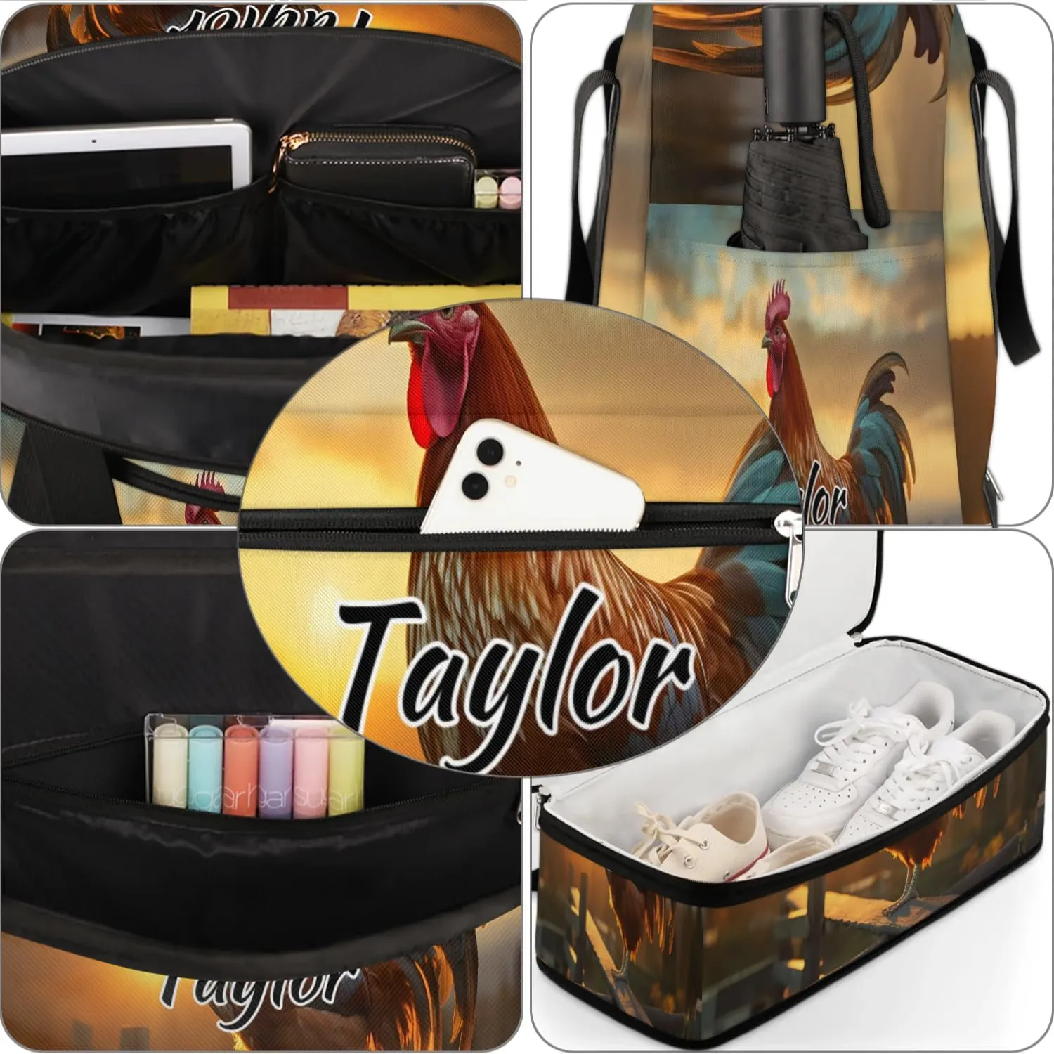 Customized Gym Bag for Women, Personalized Rooster Chickens Travel Duffel Bag with Name, Farm Rooster Weekender Overnight Bag with Shoes Compartment for Men Travel Yoga