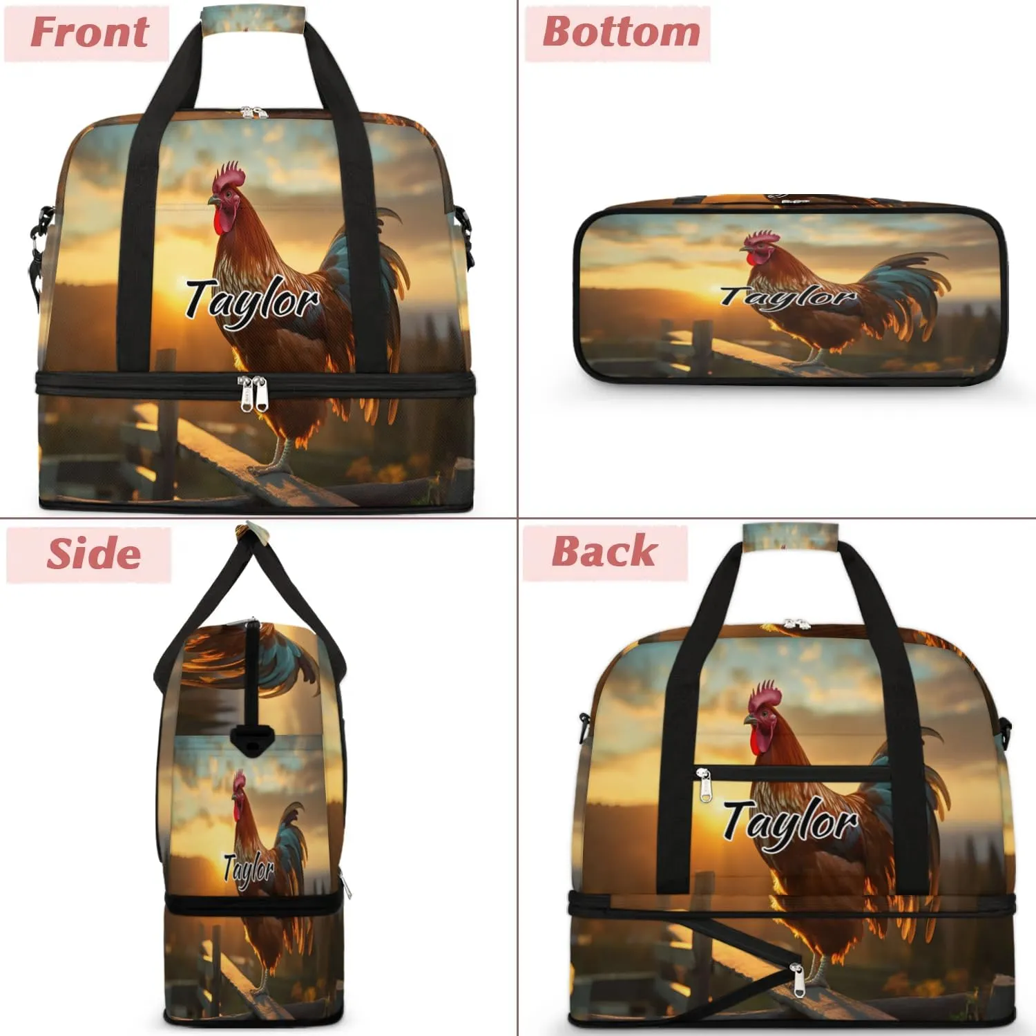 Customized Gym Bag for Women, Personalized Rooster Chickens Travel Duffel Bag with Name, Farm Rooster Weekender Overnight Bag with Shoes Compartment for Men Travel Yoga
