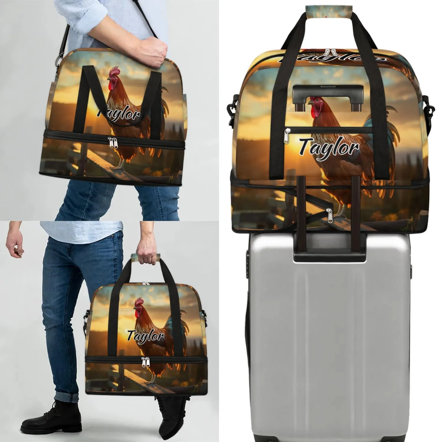 Customized Gym Bag for Women, Personalized Rooster Chickens Travel Duffel Bag with Name, Farm Rooster Weekender Overnight Bag with Shoes Compartment for Men Travel Yoga