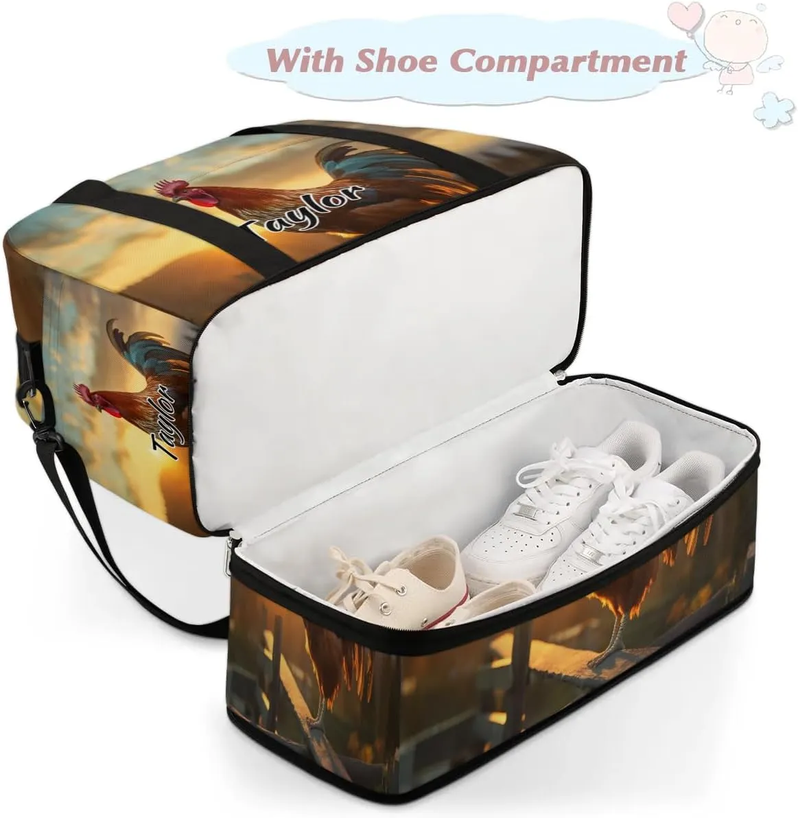 Customized Gym Bag for Women, Personalized Rooster Chickens Travel Duffel Bag with Name, Farm Rooster Weekender Overnight Bag with Shoes Compartment for Men Travel Yoga