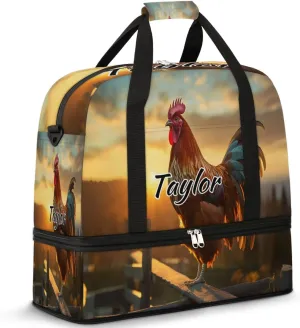 Customized Gym Bag for Women, Personalized Rooster Chickens Travel Duffel Bag with Name, Farm Rooster Weekender Overnight Bag with Shoes Compartment for Men Travel Yoga