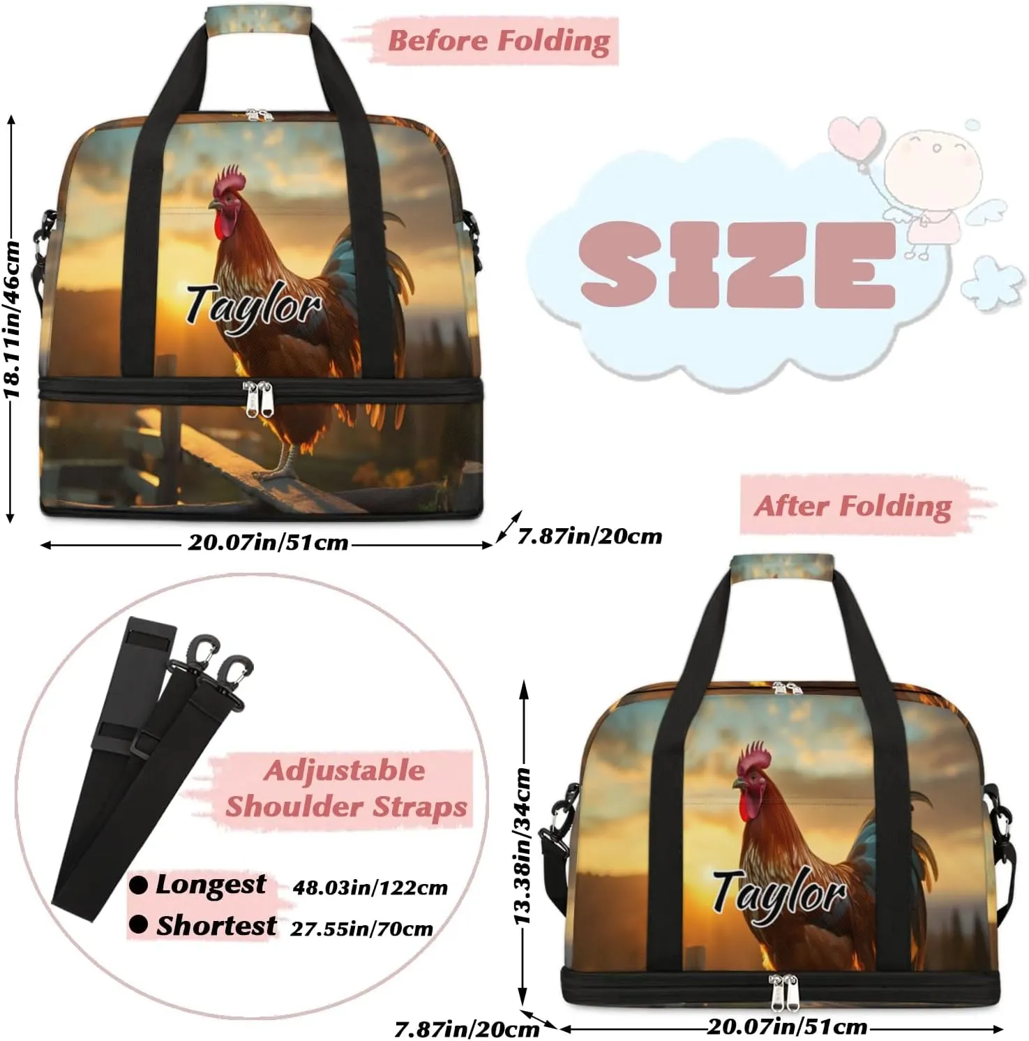 Customized Gym Bag for Women, Personalized Rooster Chickens Travel Duffel Bag with Name, Farm Rooster Weekender Overnight Bag with Shoes Compartment for Men Travel Yoga