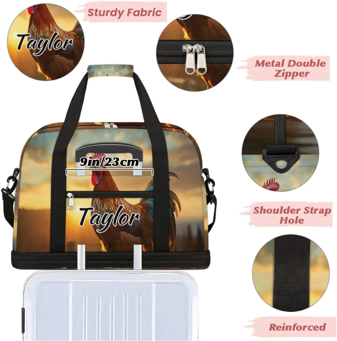 Customized Gym Bag for Women, Personalized Rooster Chickens Travel Duffel Bag with Name, Farm Rooster Weekender Overnight Bag with Shoes Compartment for Men Travel Yoga