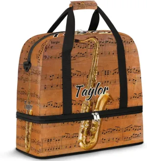 Customized Gym Bag for Women, Personalized Saxophone Travel Duffel Bag with Name, Musical Notes Weekender Overnight Bag with Shoes Compartment for Men Travel Yoga