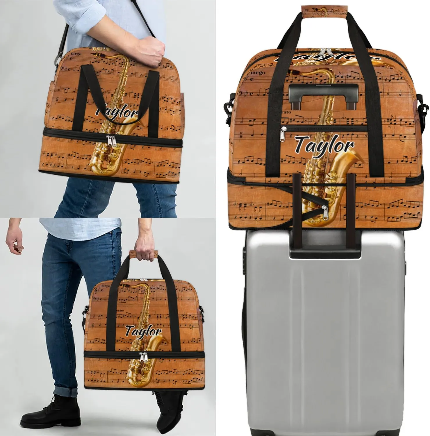 Customized Gym Bag for Women, Personalized Saxophone Travel Duffel Bag with Name, Musical Notes Weekender Overnight Bag with Shoes Compartment for Men Travel Yoga