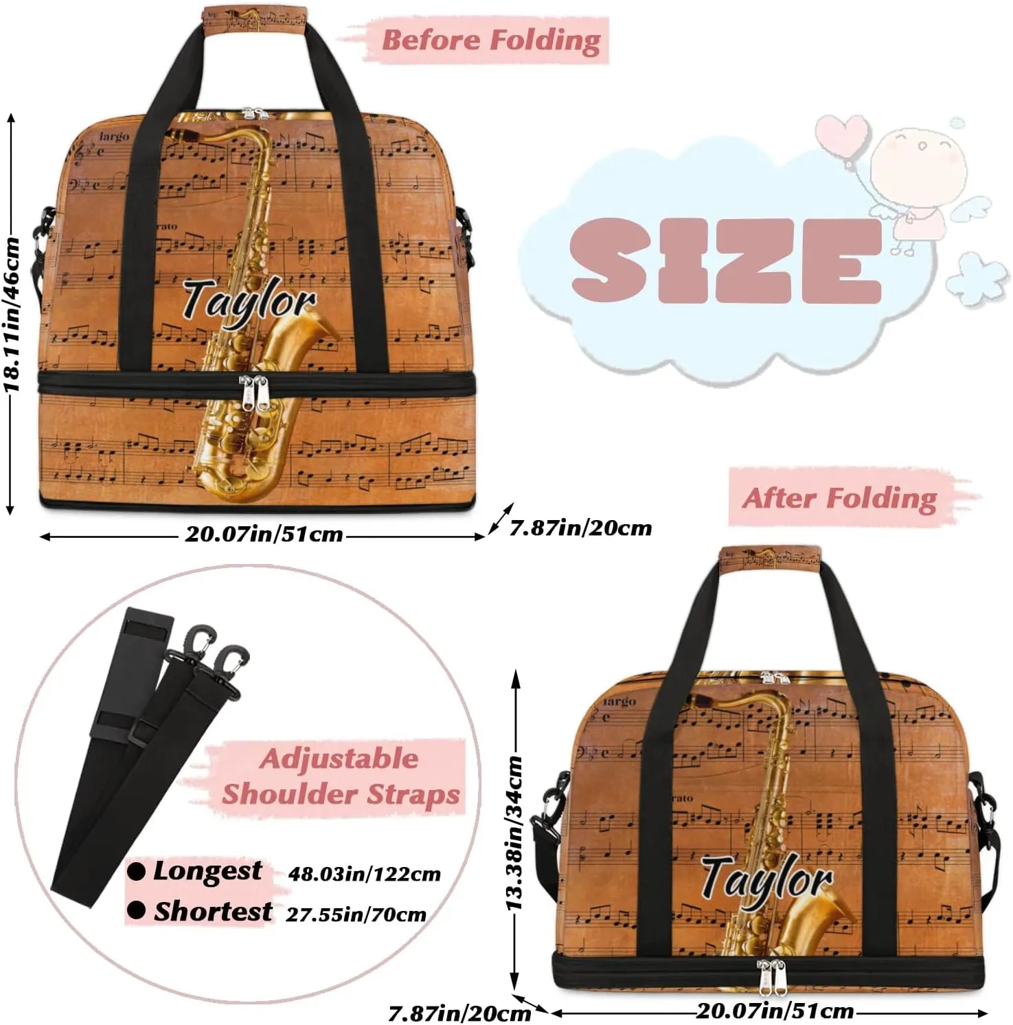 Customized Gym Bag for Women, Personalized Saxophone Travel Duffel Bag with Name, Musical Notes Weekender Overnight Bag with Shoes Compartment for Men Travel Yoga